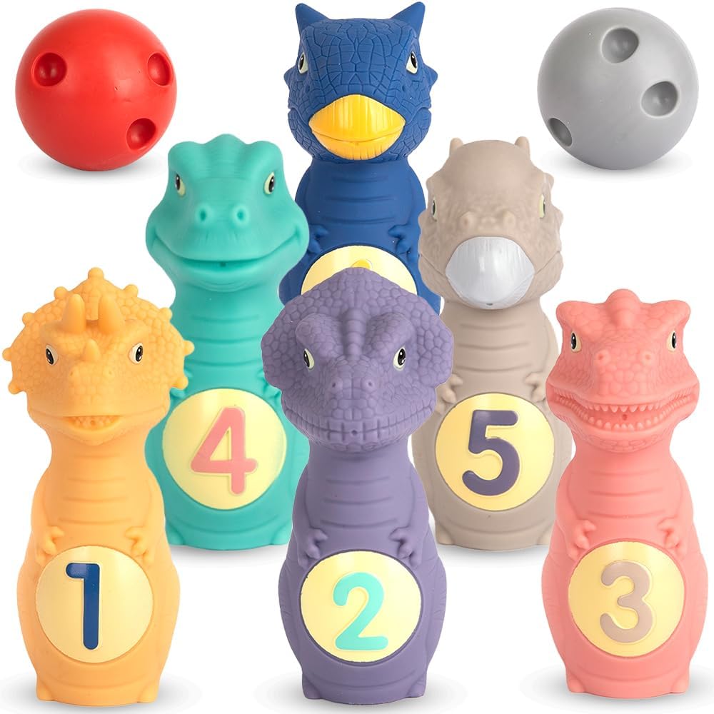 ArtCreativity Dinosaur Kids Bowling Set - 6 Dino Pins and 2 Balls - Durable Silicone Dinosaur Toys for Boys and Girls