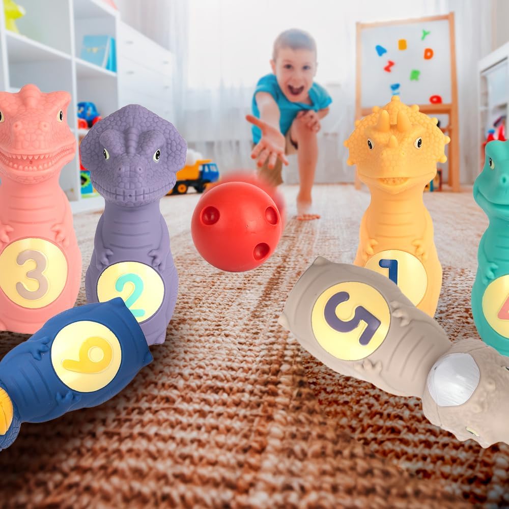 ArtCreativity Dinosaur Kids Bowling Set - 6 Dino Pins and 2 Balls - Durable Silicone Dinosaur Toys for Boys and Girls