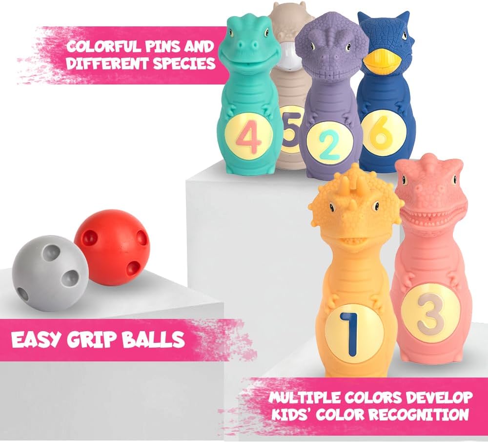 ArtCreativity Dinosaur Kids Bowling Set - 6 Dino Pins and 2 Balls - Durable Silicone Dinosaur Toys for Boys and Girls