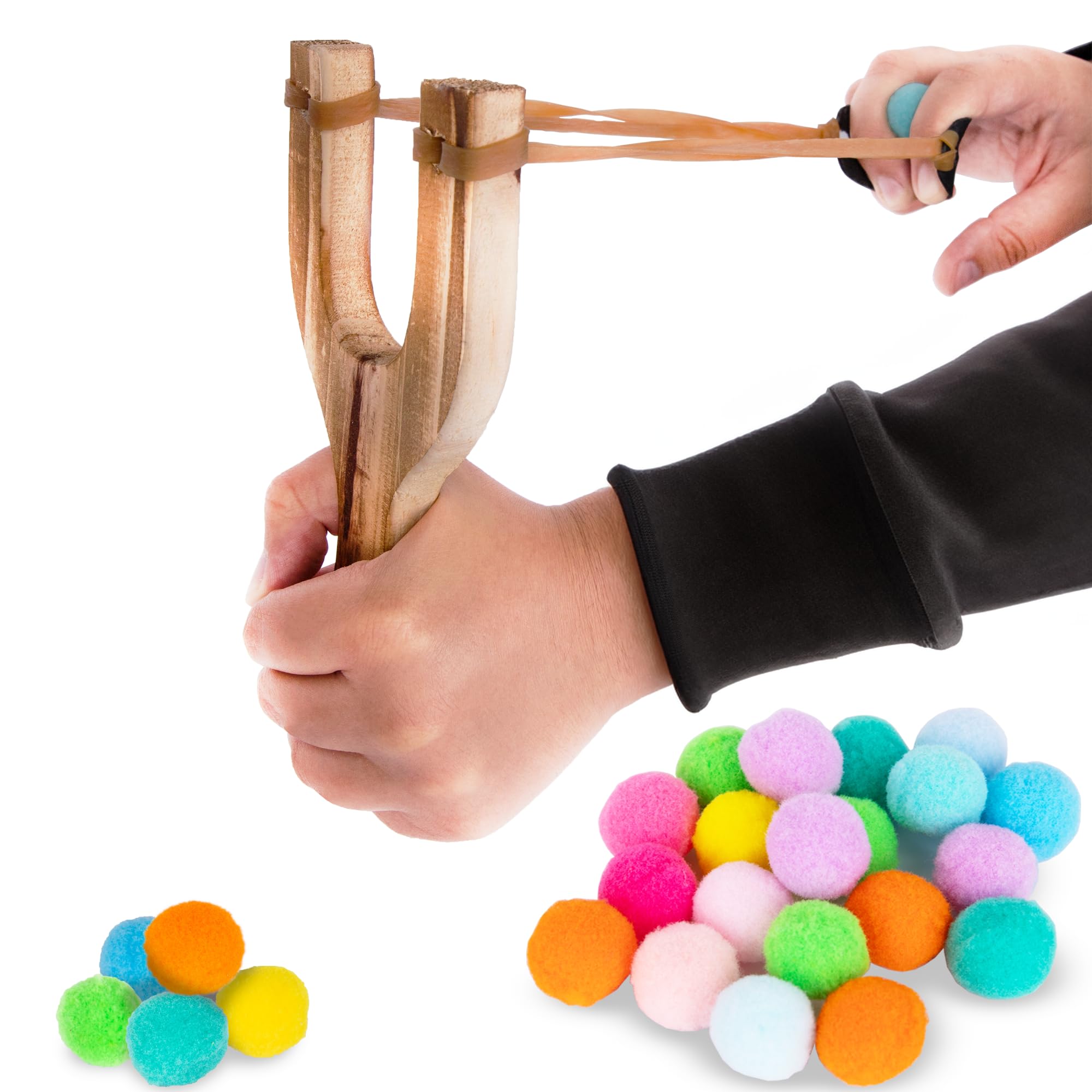 Wooden Toy Slingshot with 20 Cotton Balls - Wood Sling Shot for Kids - Shoots Balls Up to 10 Feet - Kids Slingshot with Soft Balls for Safe Play