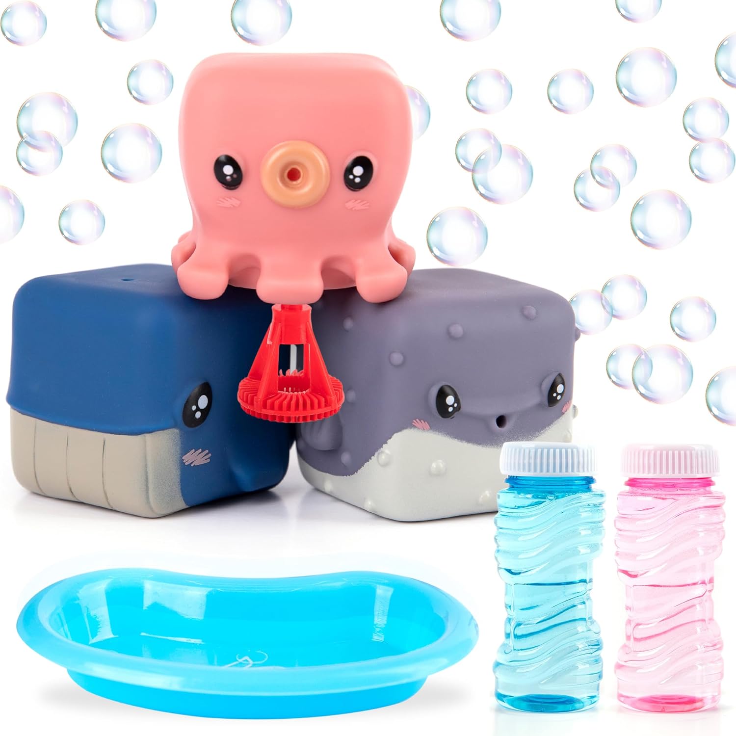 ArtCreativity Bubble Blowing Animals for Kids - Set of 3 - Animal Bubble Toys with 2 Bottles of Bubble Solution and Dipping Tray