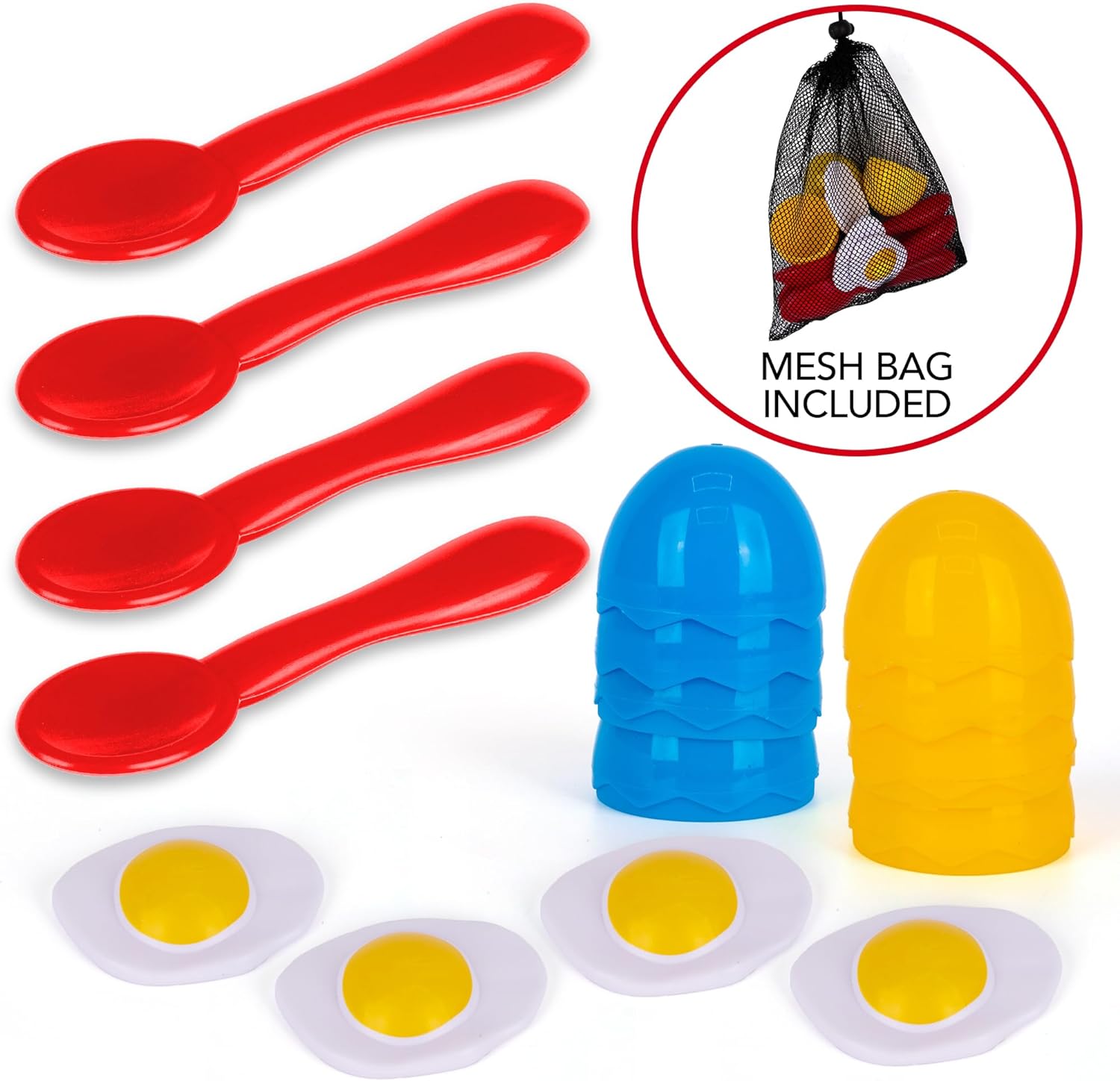 Egg Spoon Race Set - Includes 4 Spoons, 4 Eggshells That Open, and 4 Pretend Yolks