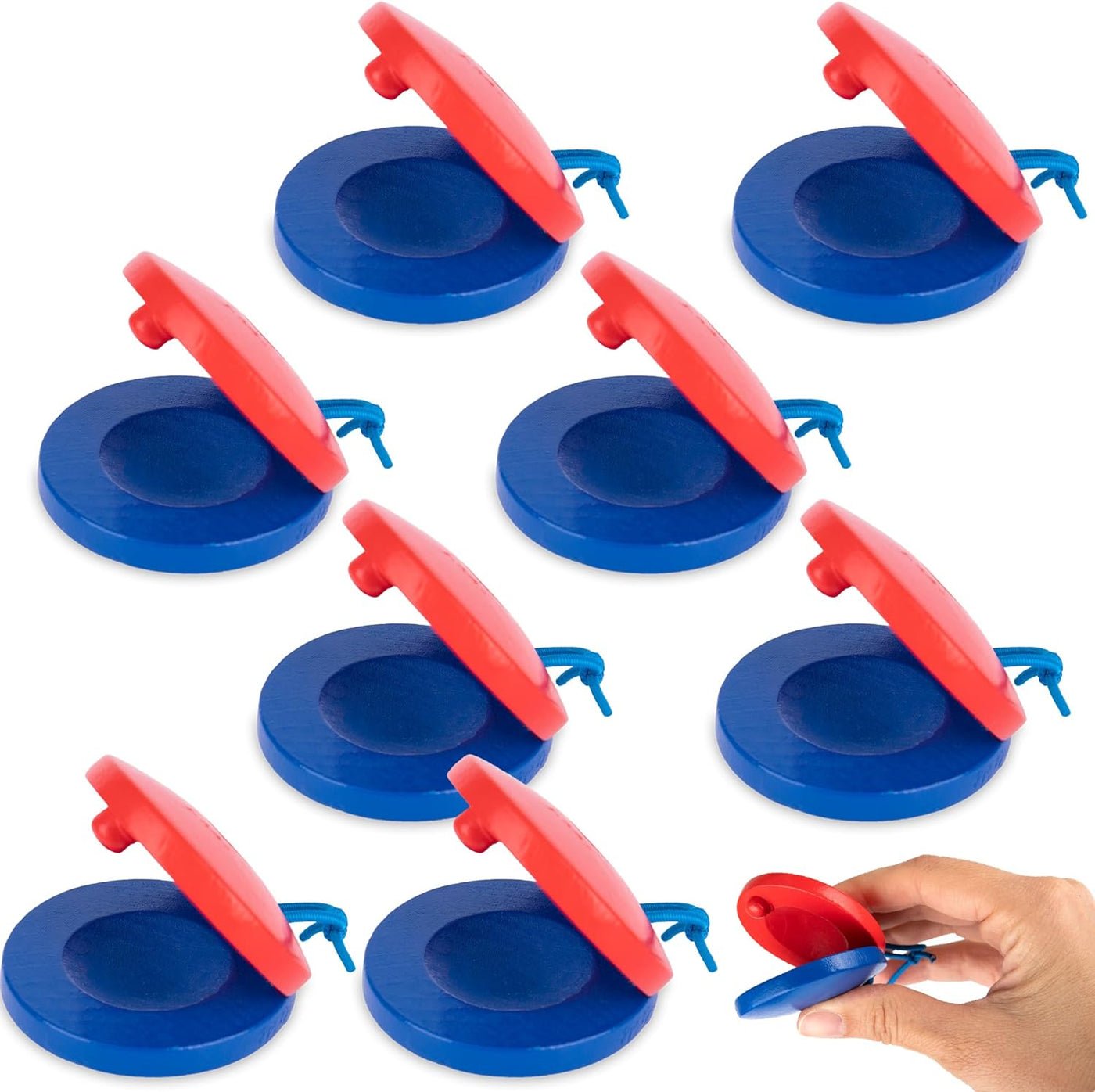 Wooden Finger Castanets for Kids - Set of 8 - Music Toys for Kids with Stretchy String for Easy Holding