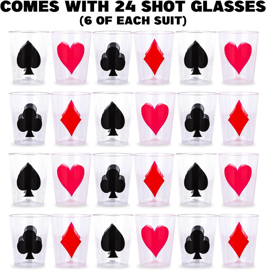Casino Themed 1 Oz Plastic Shot Glasses - Set of 24 1 Oz Shot Cups - Durable Plastic Shot Glasses with Diamonds, Spades, Clubs, and Hearts Design