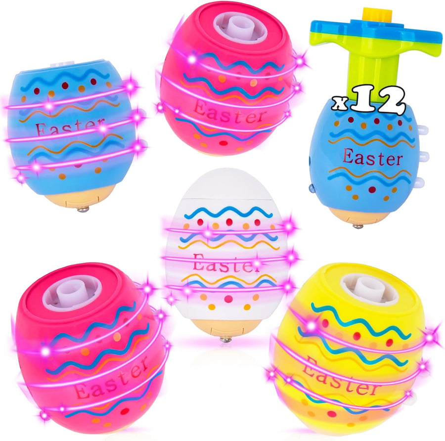Light Up Easter Egg Spinning Tops for Kids - Set of 12 Top Spinners - Spinner Easter Egg Toys with LED Lights and Music
