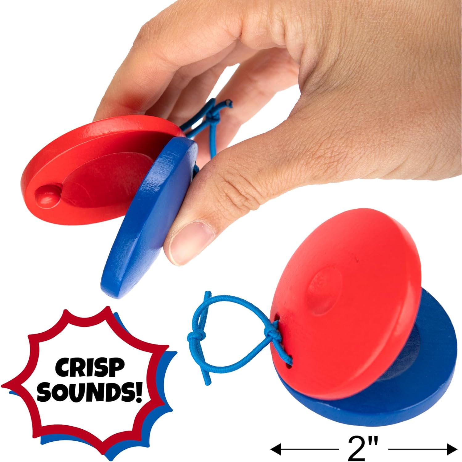 Wooden Finger Castanets for Kids - Set of 8 - Music Toys for Kids with Stretchy String for Easy Holding