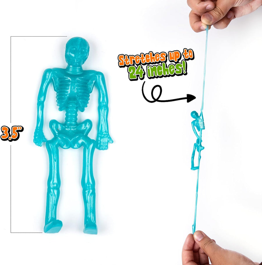 Super Stretchy Skeleton Toys - Set of 48 - Halloween Toys for Kids in 10 Vibrant Colors - Stretch 7X Their Size
