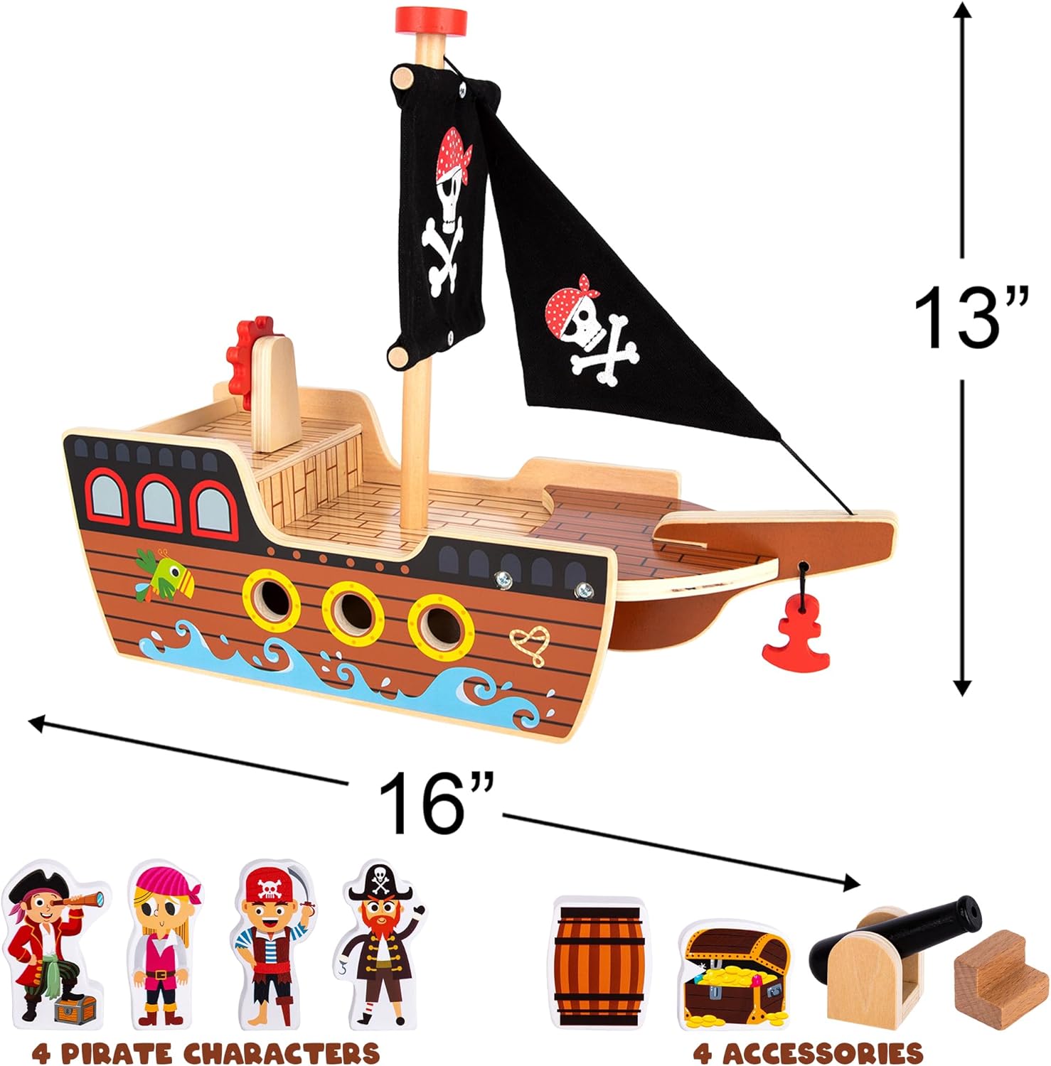 Wooden Pirate Ship Toy Set for Kids - Pirate Play Set with Wood Ship, Cannon, Barrel, Treasure Chest, Bench, 4 Pirates