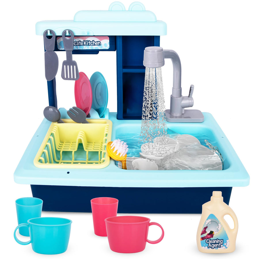 Sink Toy with Running Water and Color Changing Dishes - 22 Piece Kids Kitchen Play Set - Pumps Real Water - Play Kitchen Sink with Drying Rack, Dishes, Toy Detergent Bottle - Ages 3 4 5