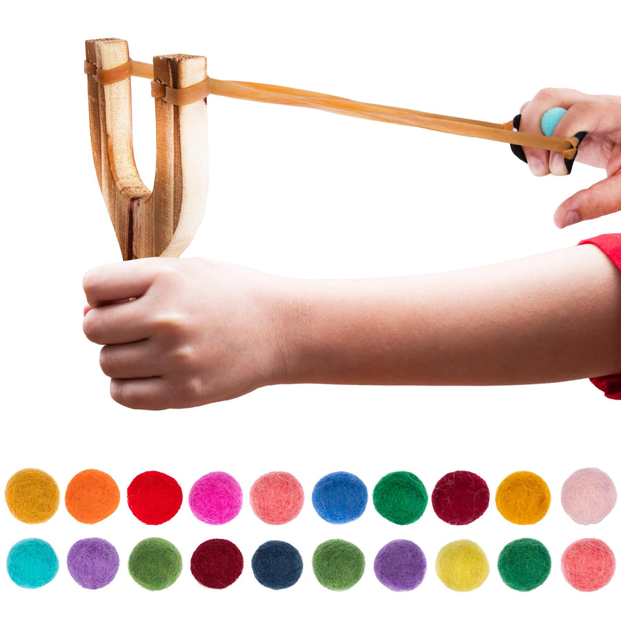 Wooden Toy Slingshot with 20 Wool Balls - Wood Sling Shot for Kids - Shoots Balls Up to 20 Feet - Kids Slingshot with Soft Balls for Safe Play