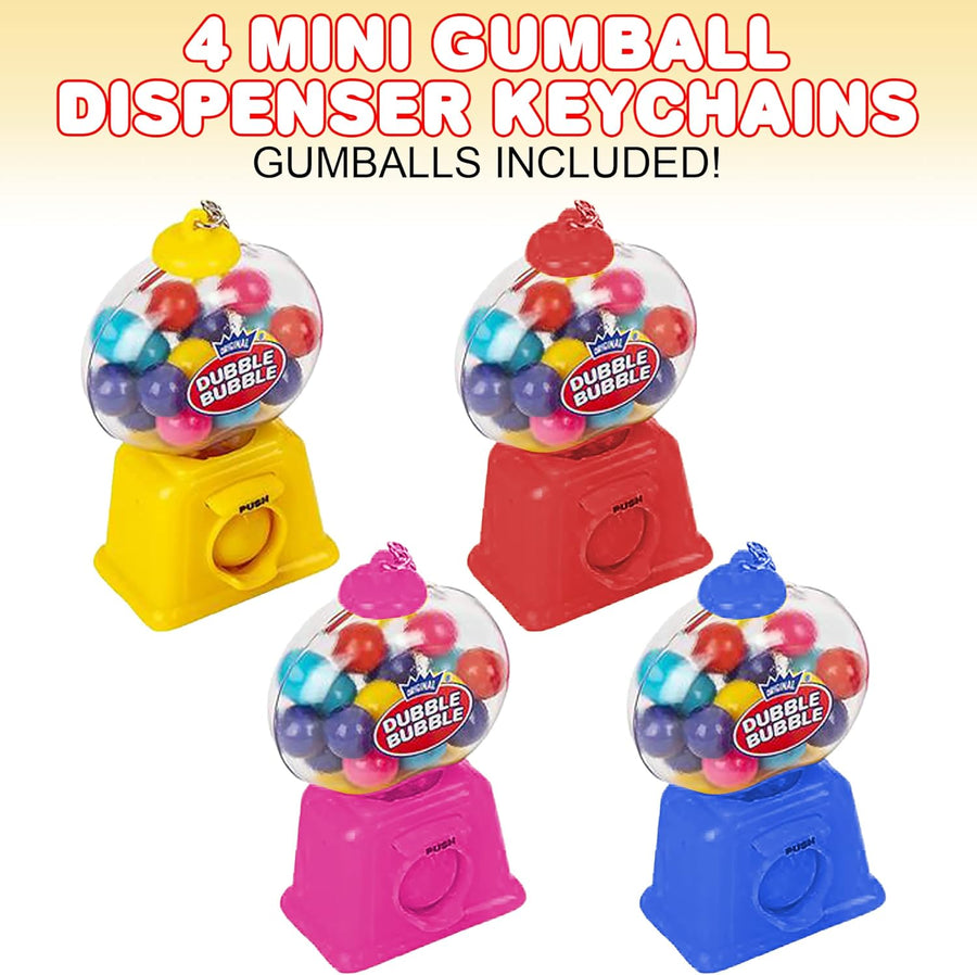 Bubble Gum Machine Keychains for Kids - Set of 4 Mini Gumball Machines - Colorful Candy Dispenser Key Chains with Mini Gumballs Inside
