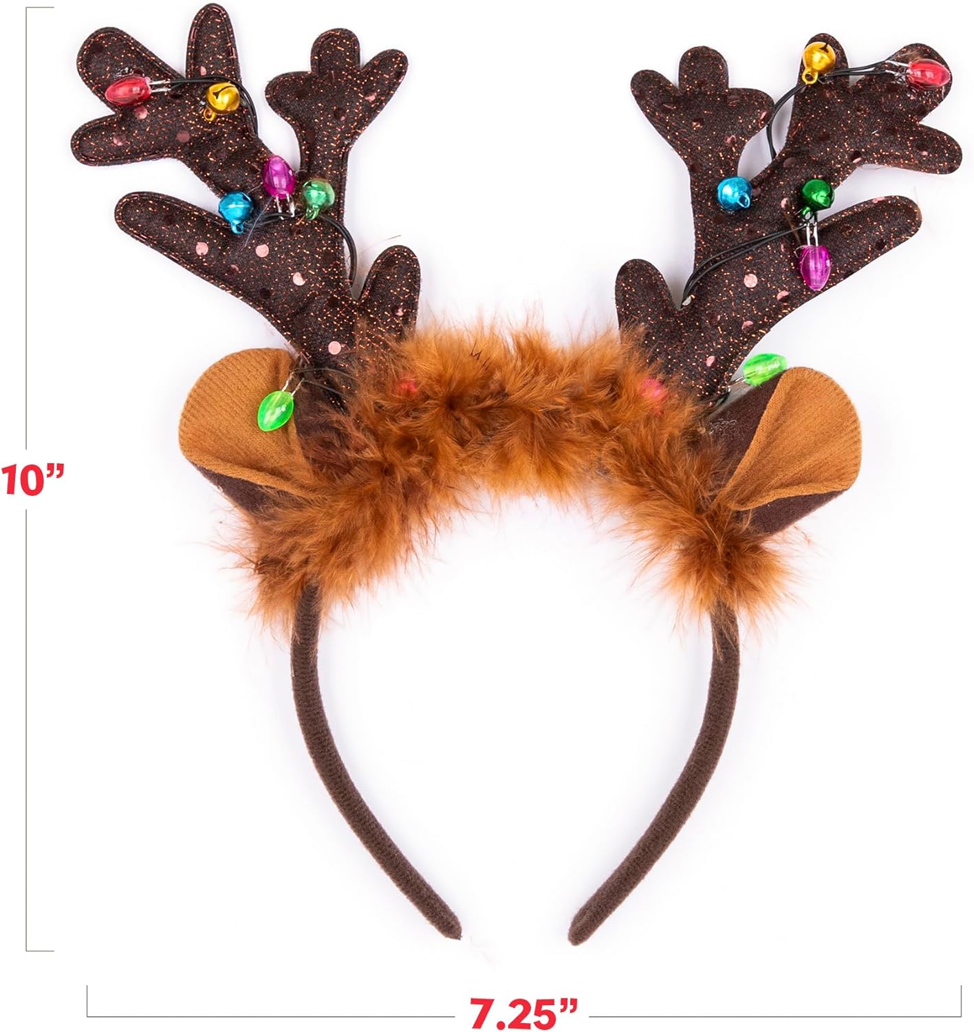 Light Up Christmas Reindeer Headbands - Set of 4 - Reindeer Ears Headbands with LED Lights and Jingling Bells