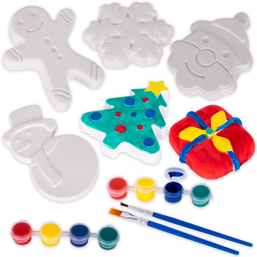 Christmas Ceramic Painting Kit for Kids - 6 Ceramic Figures, 2 Paint Sets, and 2 Brushes