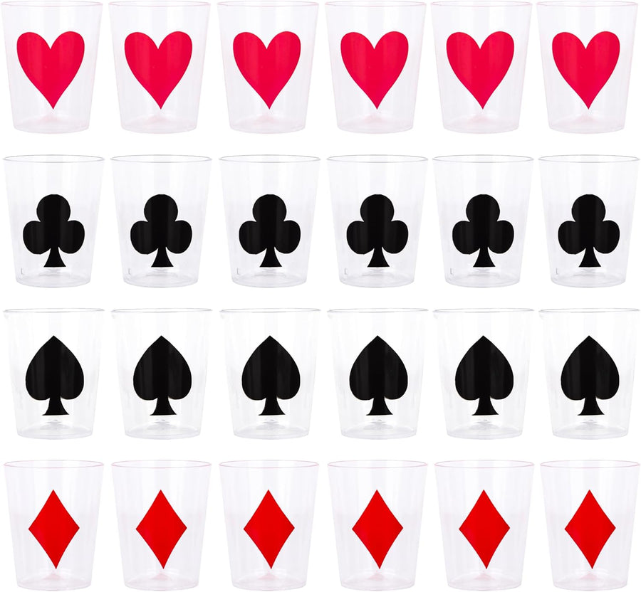 Casino Themed 1 Oz Plastic Shot Glasses - Set of 24 1 Oz Shot Cups - Durable Plastic Shot Glasses with Diamonds, Spades, Clubs, and Hearts Design