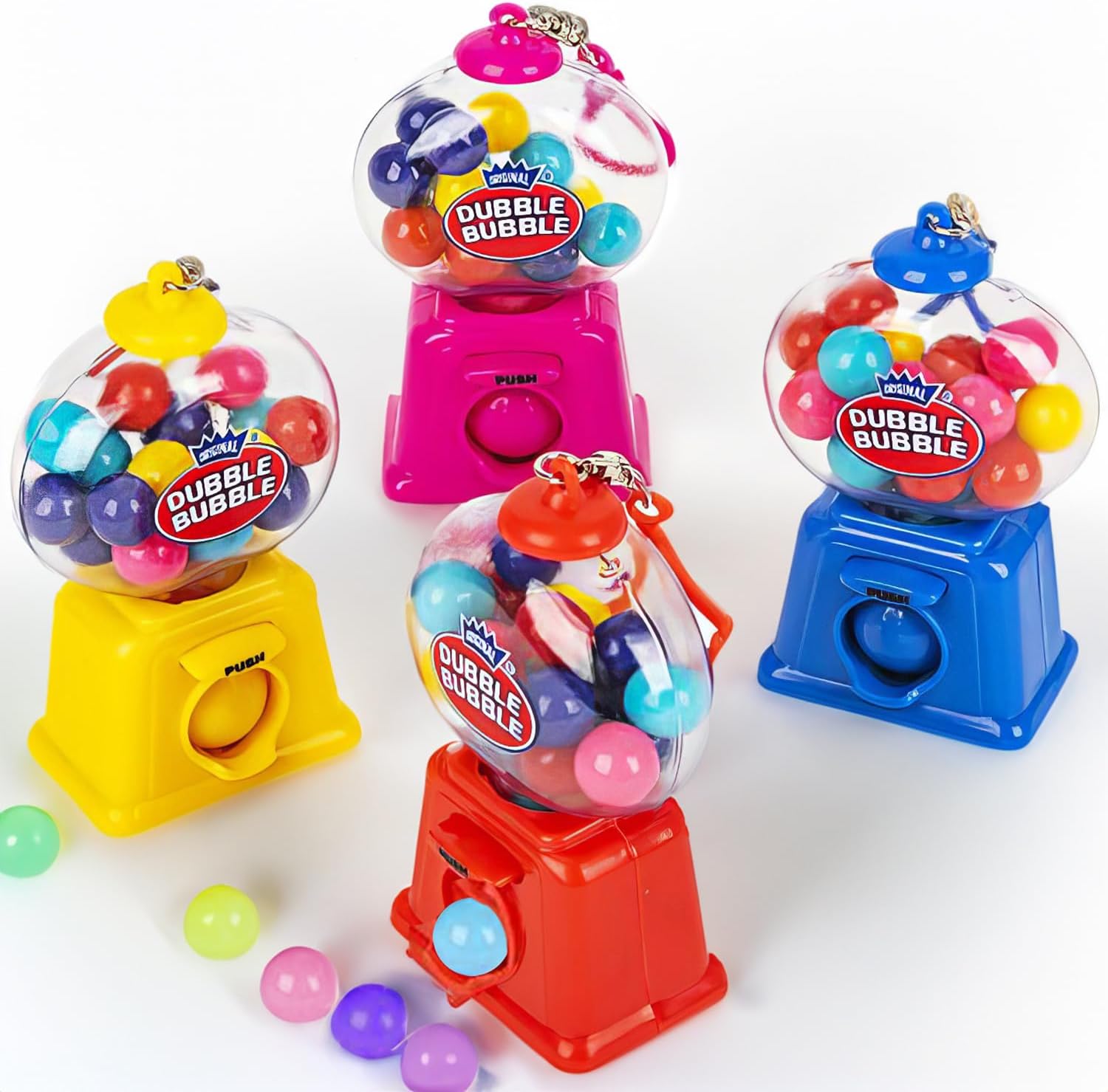 Bubble Gum Machine Keychains for Kids - Set of 4 Mini Gumball Machines - Colorful Candy Dispenser Key Chains with Mini Gumballs Inside