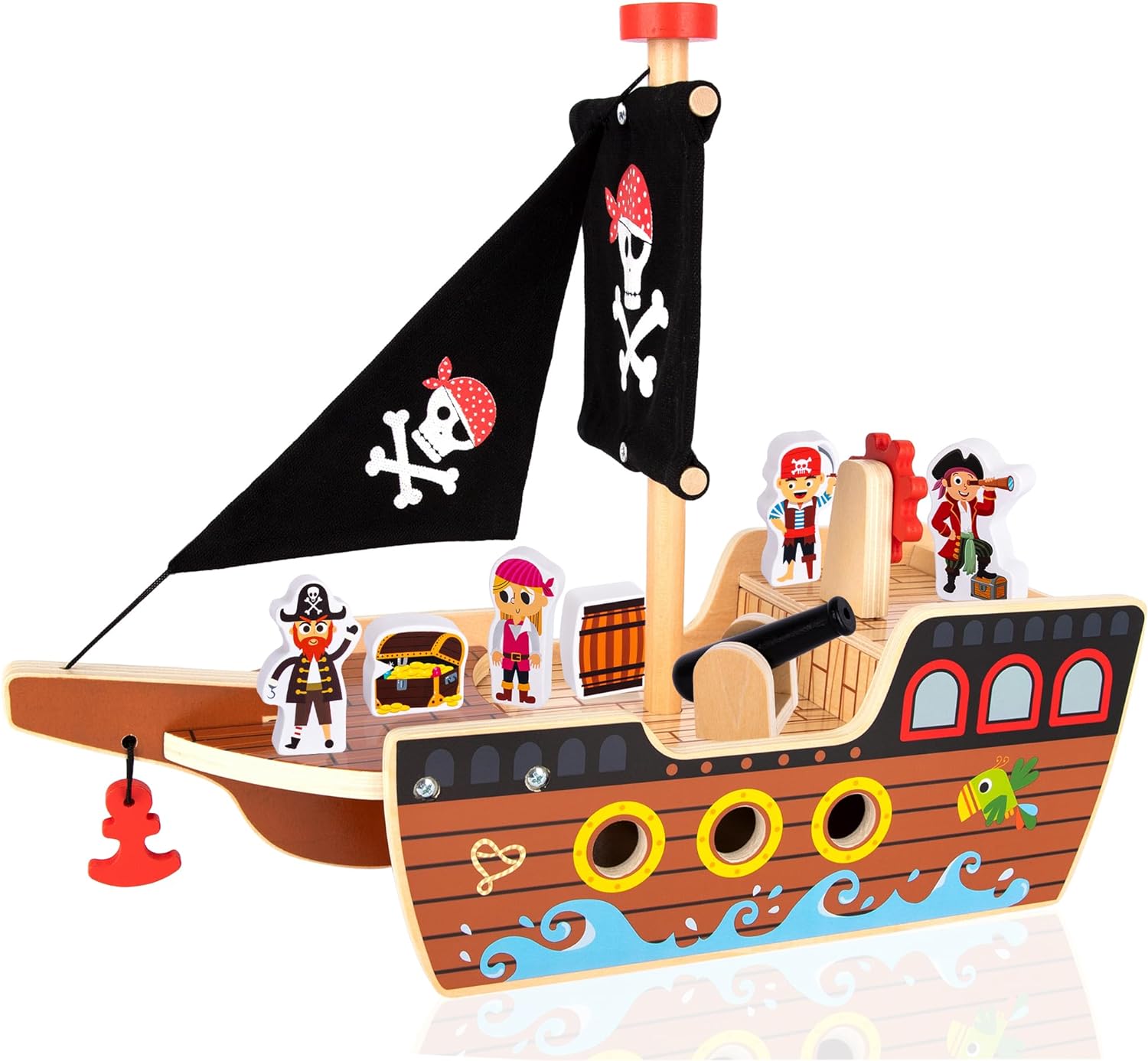 Wooden Pirate Ship Toy Set for Kids - Pirate Play Set with Wood Ship, Cannon, Barrel, Treasure Chest, Bench, 4 Pirates