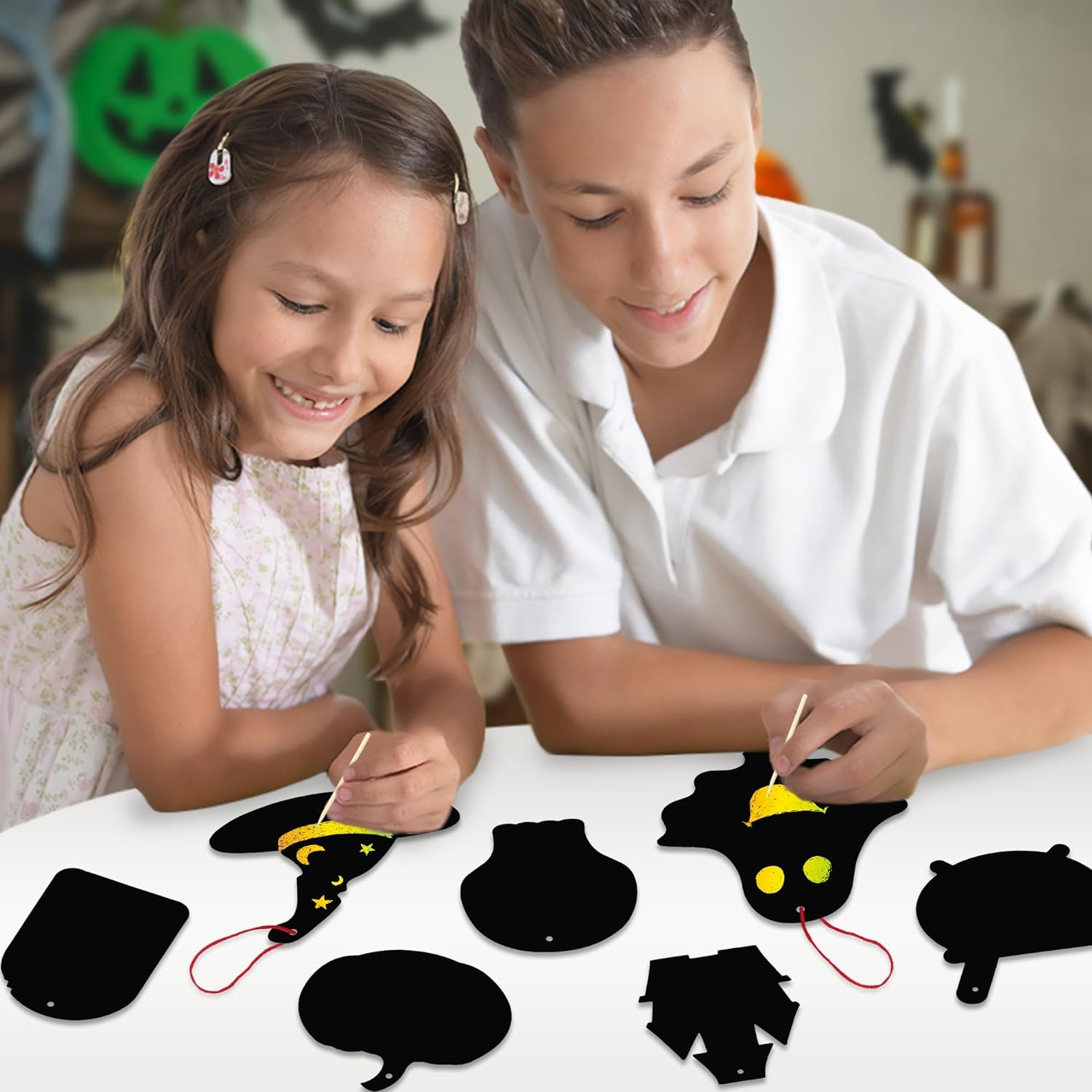 Halloween Scratch Art for Kids - 60 Sets of Scratch Paper - Halloween Crafts (Bulk) with 60 Designs, 60 Sticks, & 60 Pieces of Red String