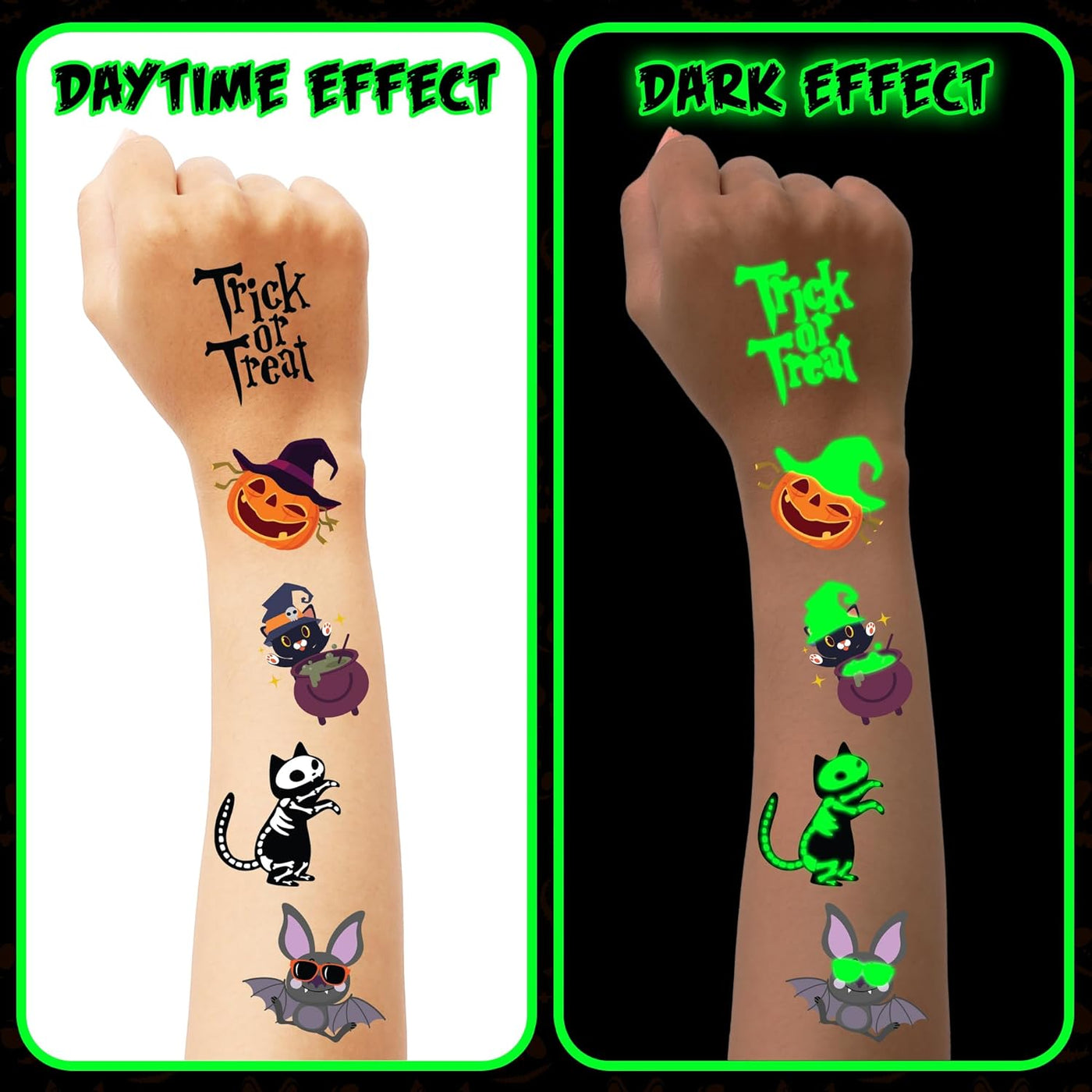 Halloween Glow in the Dark Temporary Tattoos, Set of 144, Temporary Tats for Kids in 12 Spooky Designs, Easy to Apply & Remove