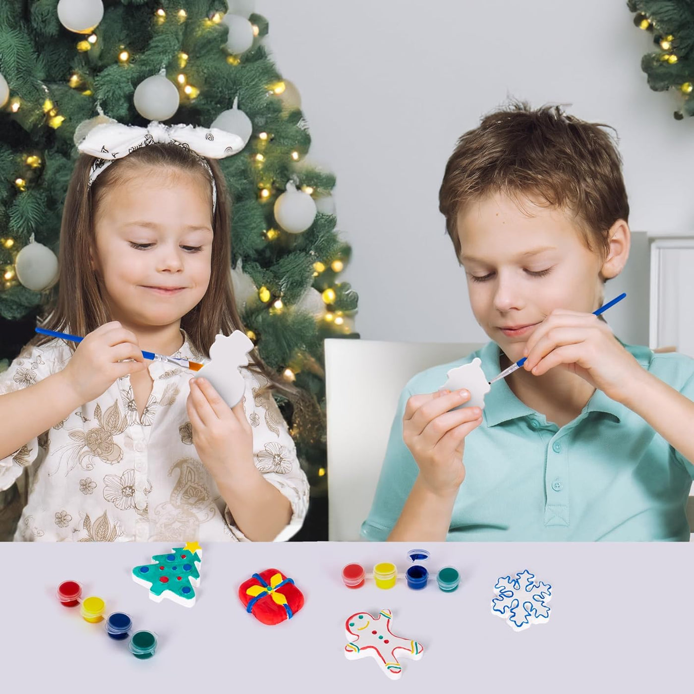 Christmas Ceramic Painting Kit for Kids - 6 Ceramic Figures, 2 Paint Sets, and 2 Brushes