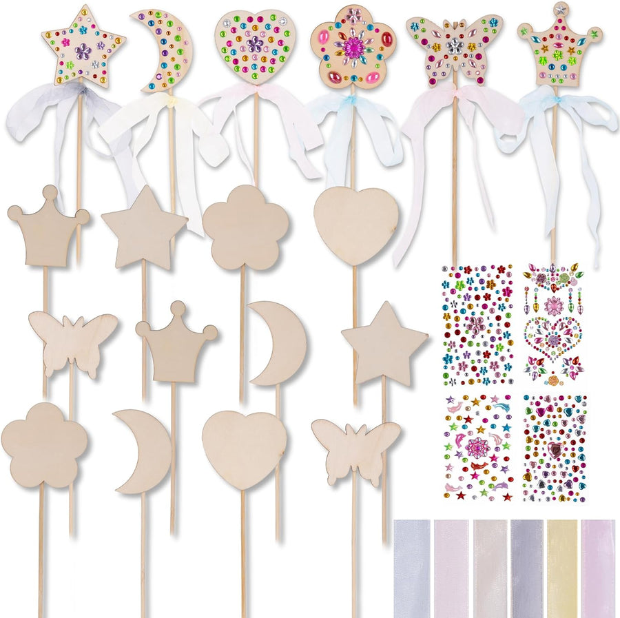 Fairy Wand Kit, Includes 18 Wooden Wands, 18 Ribbons, and 5 Gem Sticker Sheets - Wand Decorating Kit