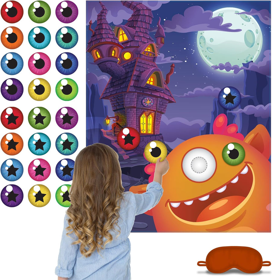 ArtCreativity Pin The Eye on The Monster Party Game - Halloween Party Activity with 1 Sign, 24 Eye Stickers, and 1 Eye Mask
