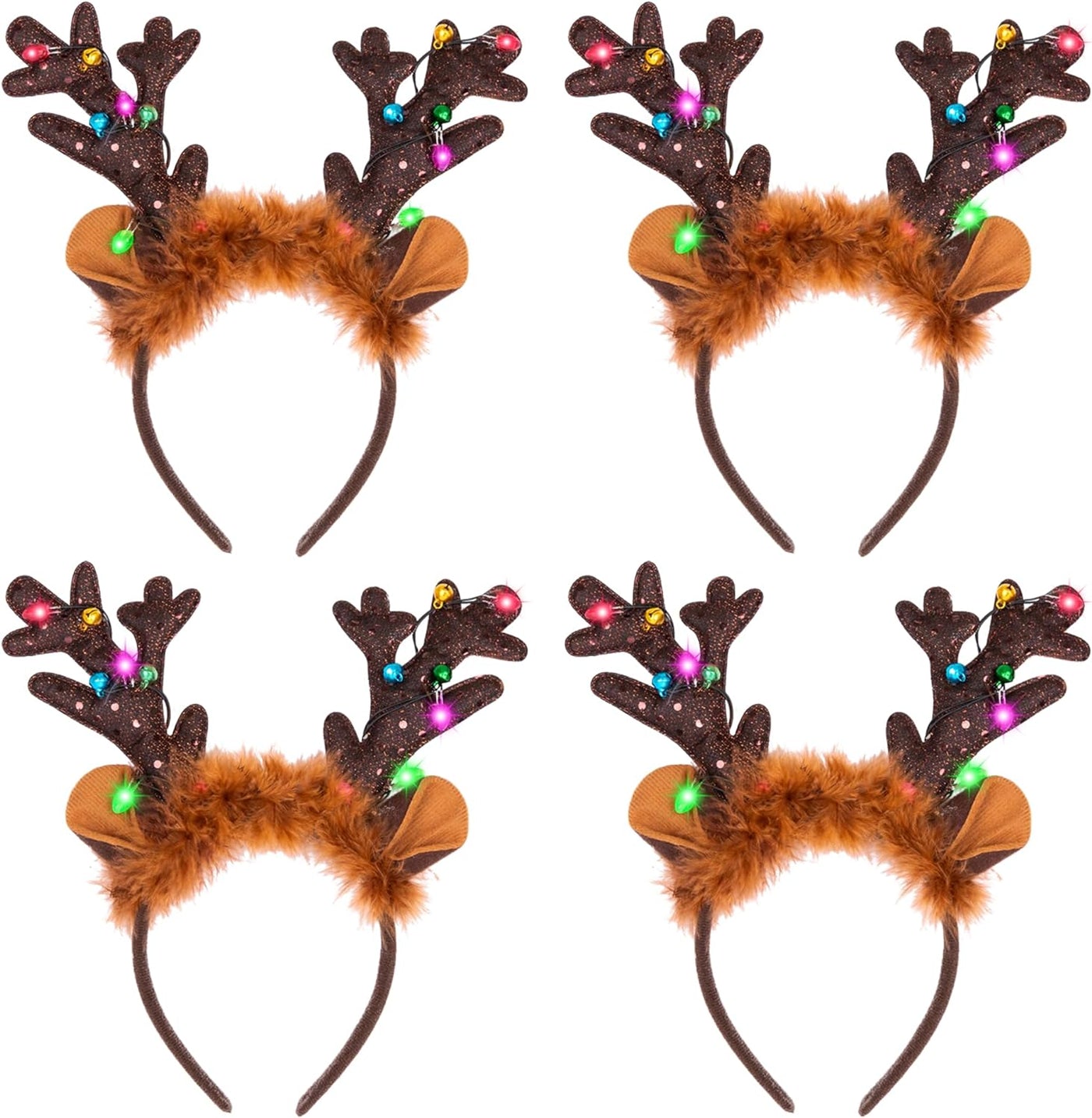Light Up Christmas Reindeer Headbands - Set of 4 - Reindeer Ears Headbands with LED Lights and Jingling Bells