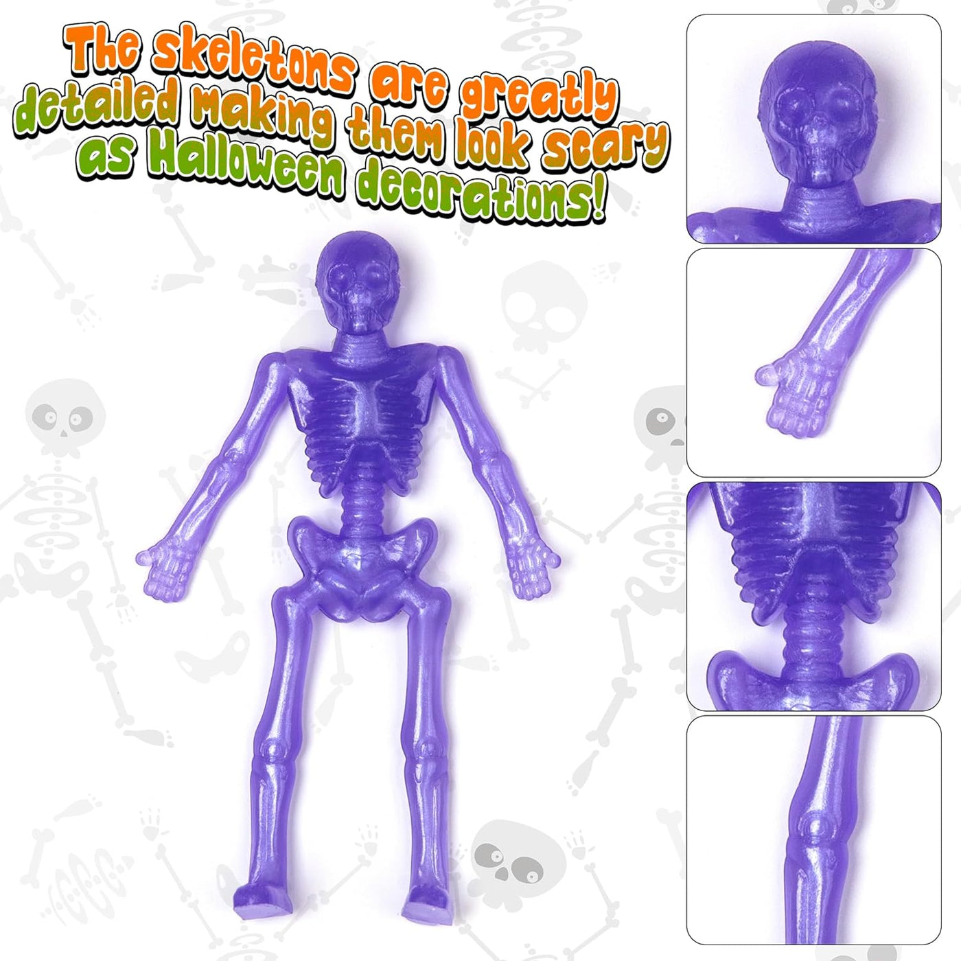 Super Stretchy Skeleton Toys - Set of 48 - Halloween Toys for Kids in 10 Vibrant Colors - Stretch 7X Their Size