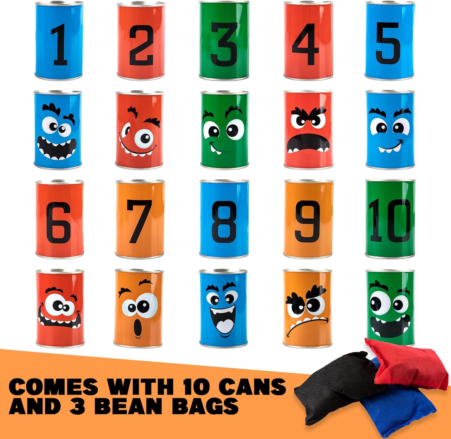 Halloween Carnival Bean Bag Toss Game - Halloween Party Game with 10 Tin Cans and 3 Bean Bags