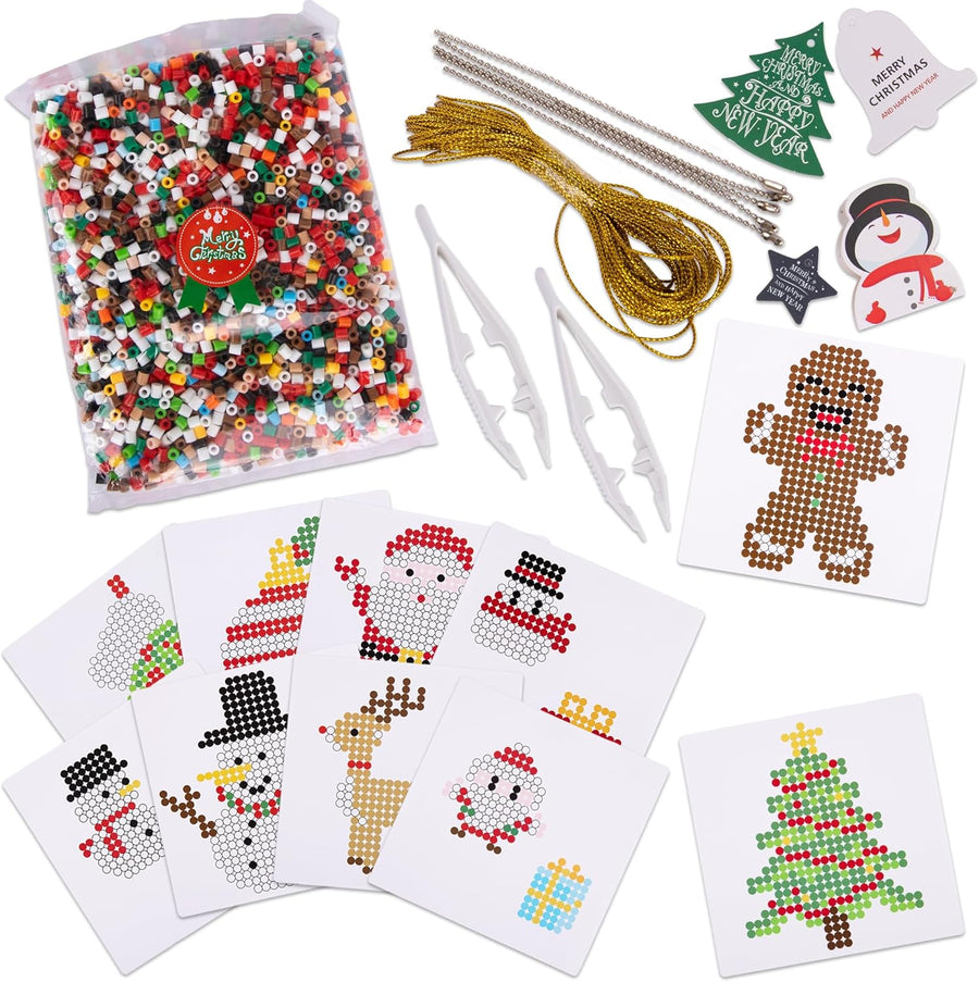 Christmas Fuse Beads Kit - Christmas Beads for Crafts with 3000 Fuse Beads (Bulk), 10 Patterns, 1 Pegboard, Tweezers, Ironing Paper, Gift Tags, and Gold Strings