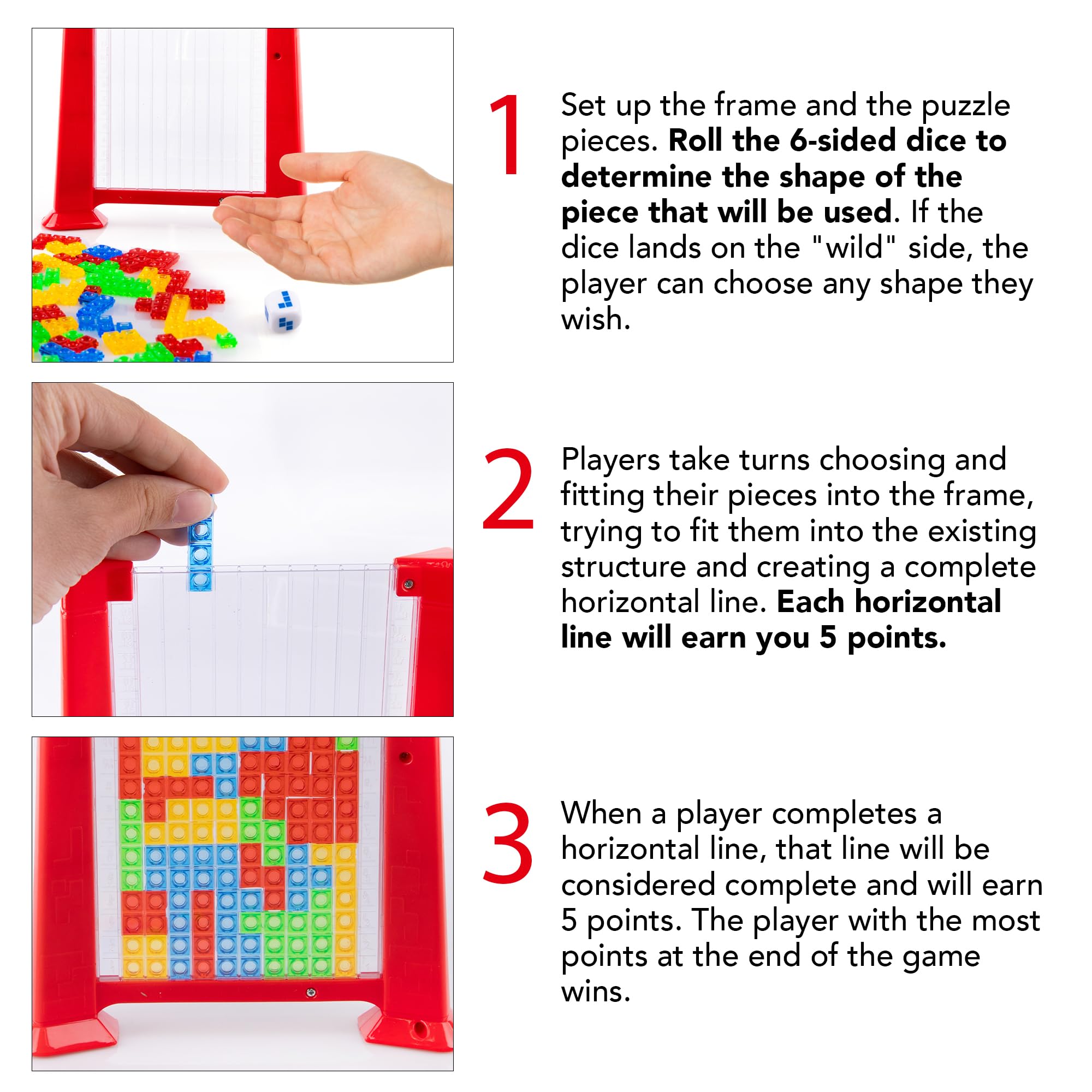 Falling Blocks Game - 3D Puzzles for Kids and Adults with 50 Game Pieces, Game Board, and Drawstring Bag - Ages 3 and Up