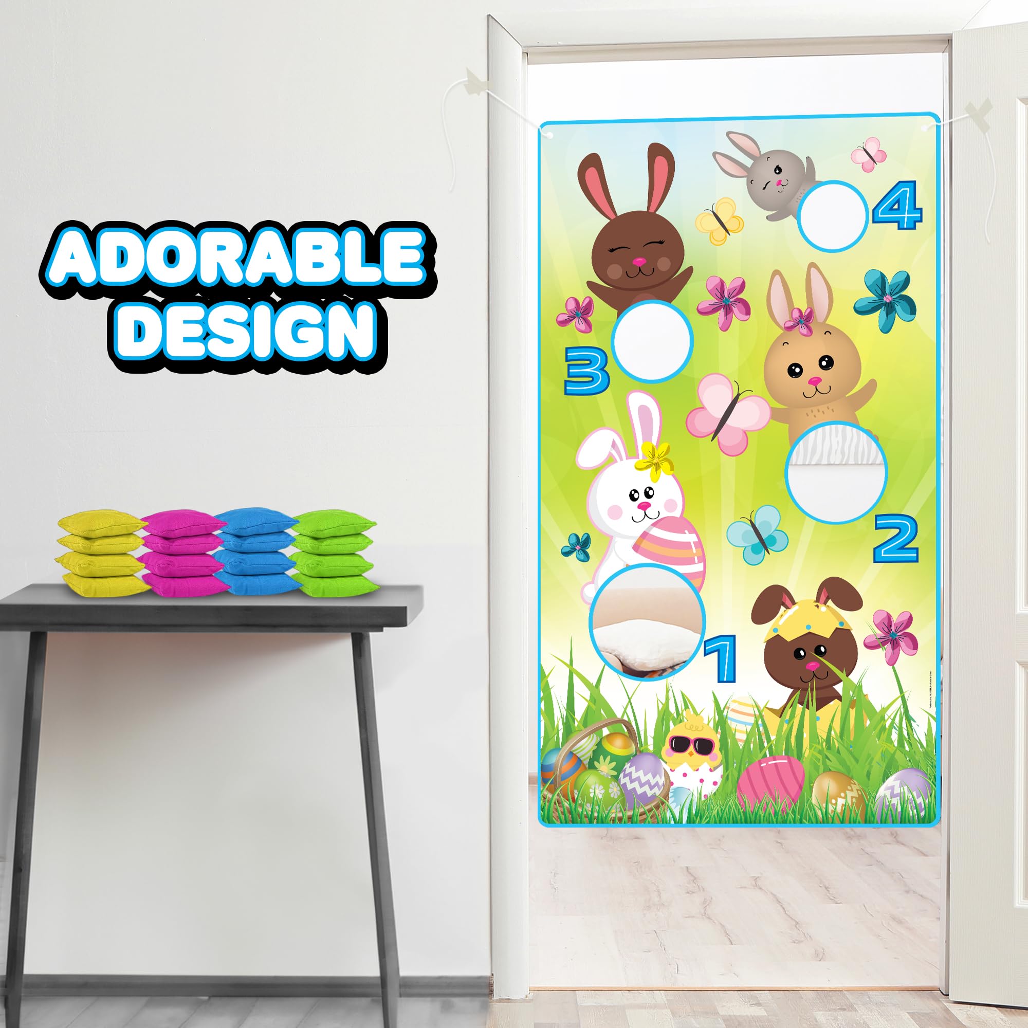 Easter Bean Bag Toss Game - Complete Set with Large Easter Banner, 12 Bean Bags, and Hanging String - Ages 3 Plus