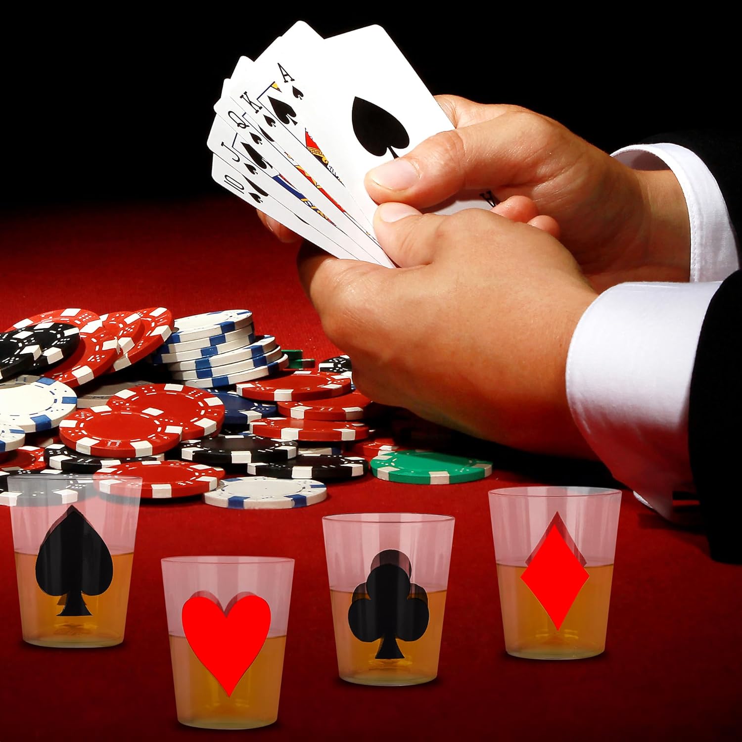 Casino Themed 1 Oz Plastic Shot Glasses - Set of 24 1 Oz Shot Cups - Durable Plastic Shot Glasses with Diamonds, Spades, Clubs, and Hearts Design