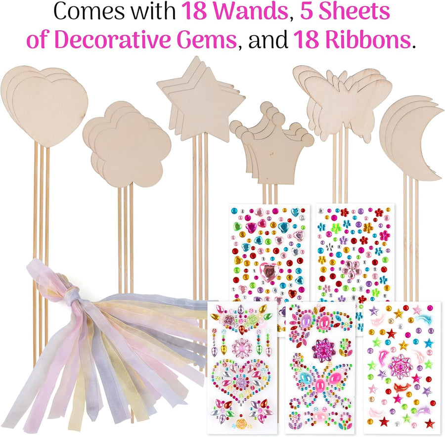 Fairy Wand Kit, Includes 18 Wooden Wands, 18 Ribbons, and 5 Gem Sticker Sheets - Wand Decorating Kit