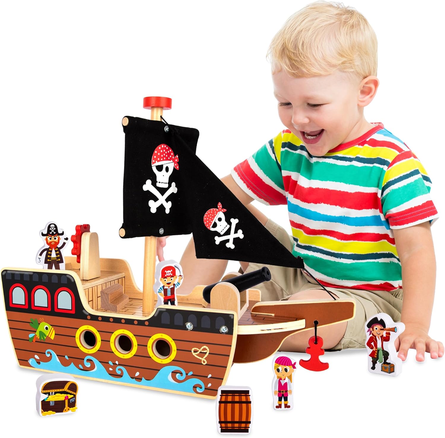 Wooden Pirate Ship Toy Set for Kids - Pirate Play Set with Wood Ship, Cannon, Barrel, Treasure Chest, Bench, 4 Pirates