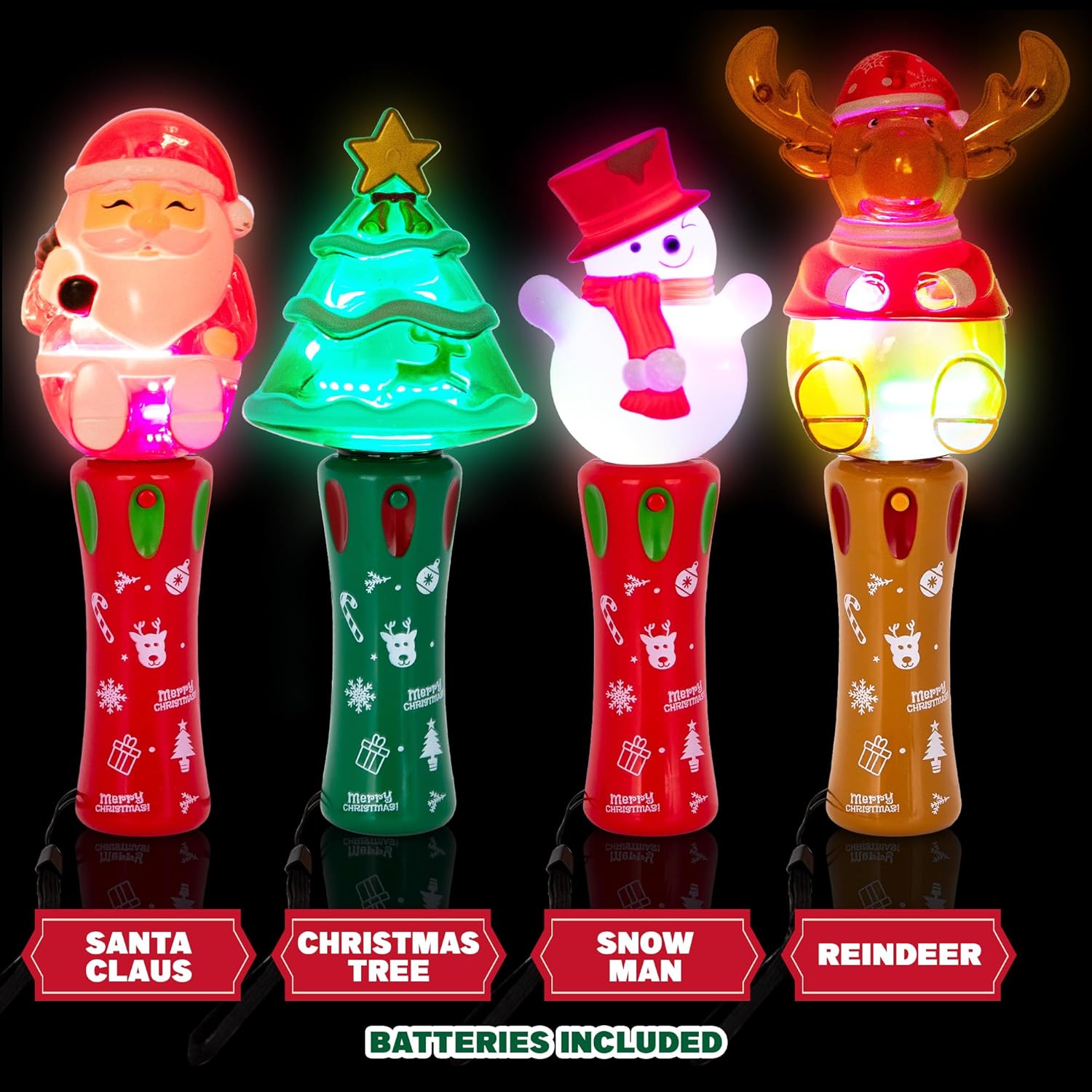 Light Up Christmas Spinner Wands - Set of 4- Spinning Christmas Wands for Kids with Multicolored LEDs - 4 Festive Designs