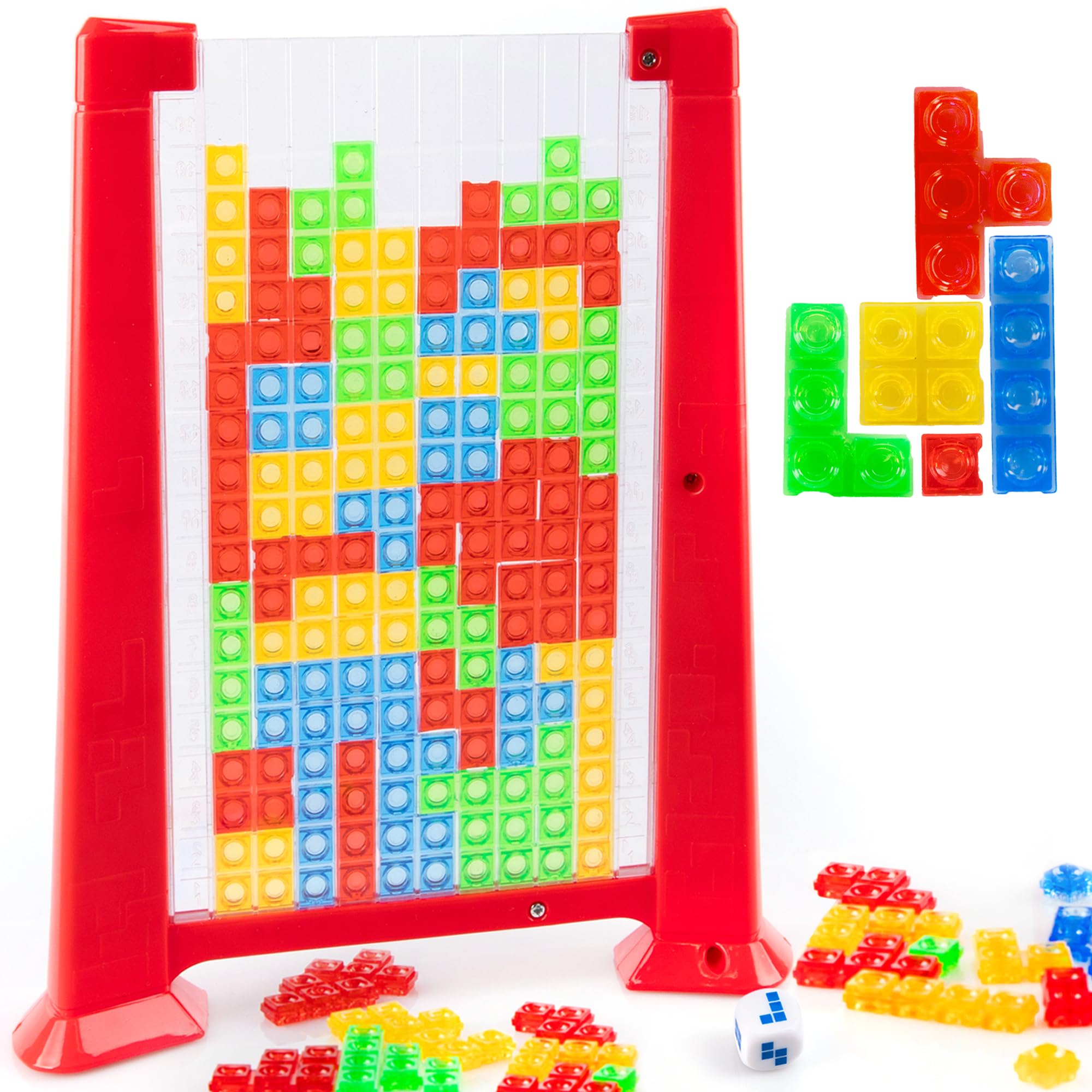 Falling Blocks Game - 3D Puzzles for Kids and Adults with 50 Game Pieces, Game Board, and Drawstring Bag - Ages 3 and Up