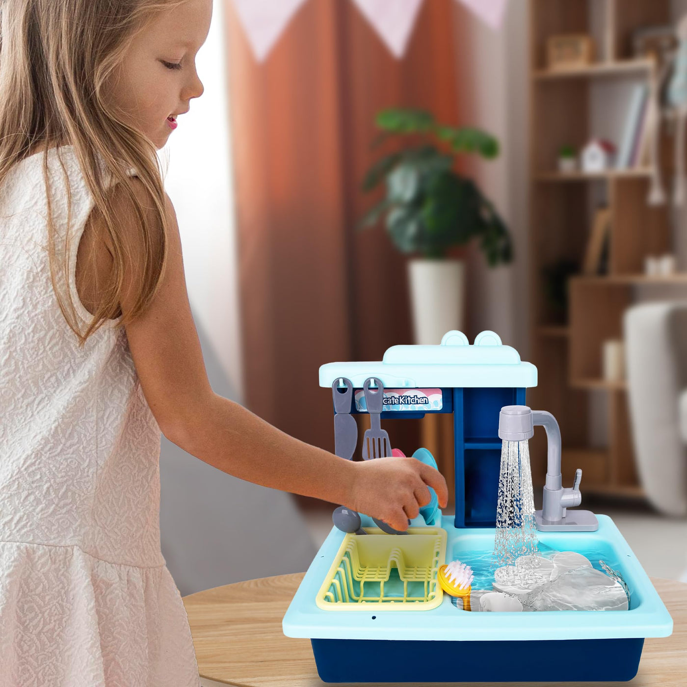 Sink Toy with Running Water and Color Changing Dishes - 22 Piece Kids Kitchen Play Set - Pumps Real Water - Play Kitchen Sink with Drying Rack, Dishes, Toy Detergent Bottle - Ages 3 4 5