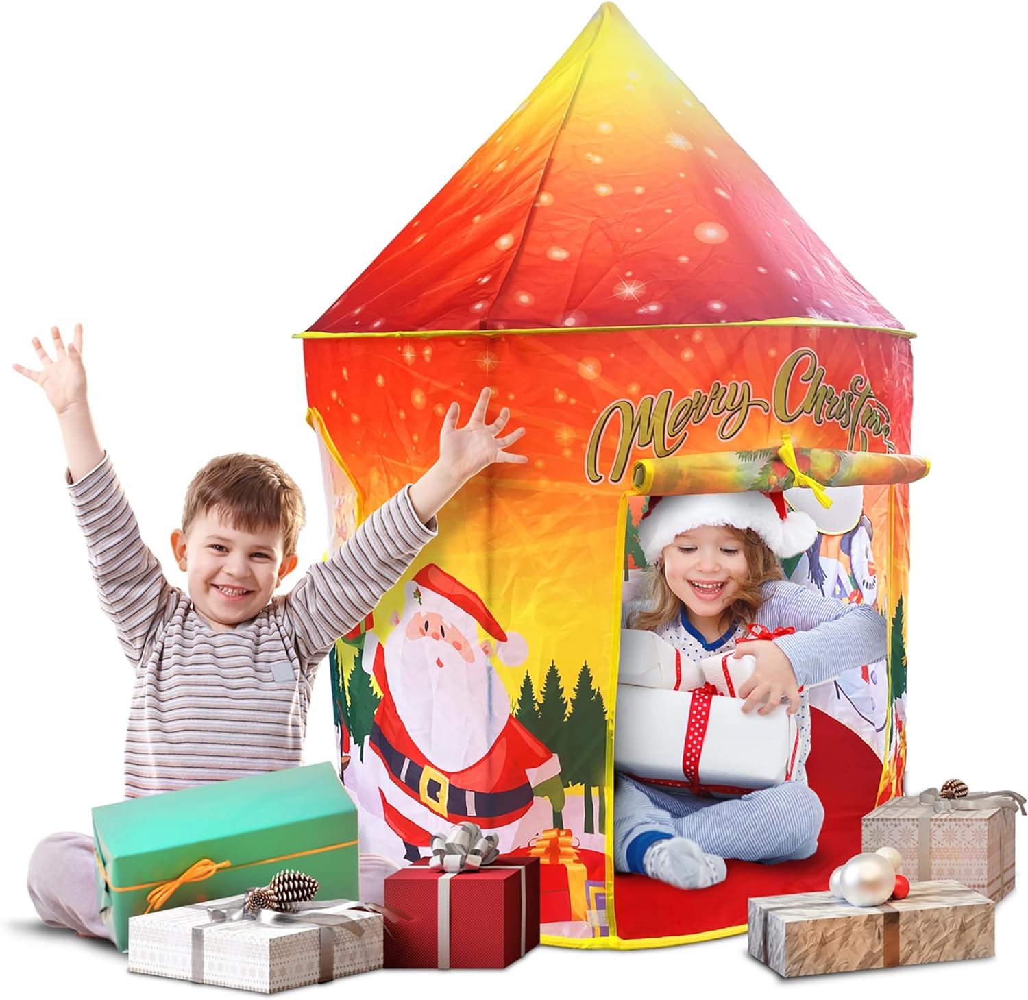 Christmas Tent for Kids, Small Pop Up Tent for Indoor Play, Includes Stabilizing Rods and Carry Bag