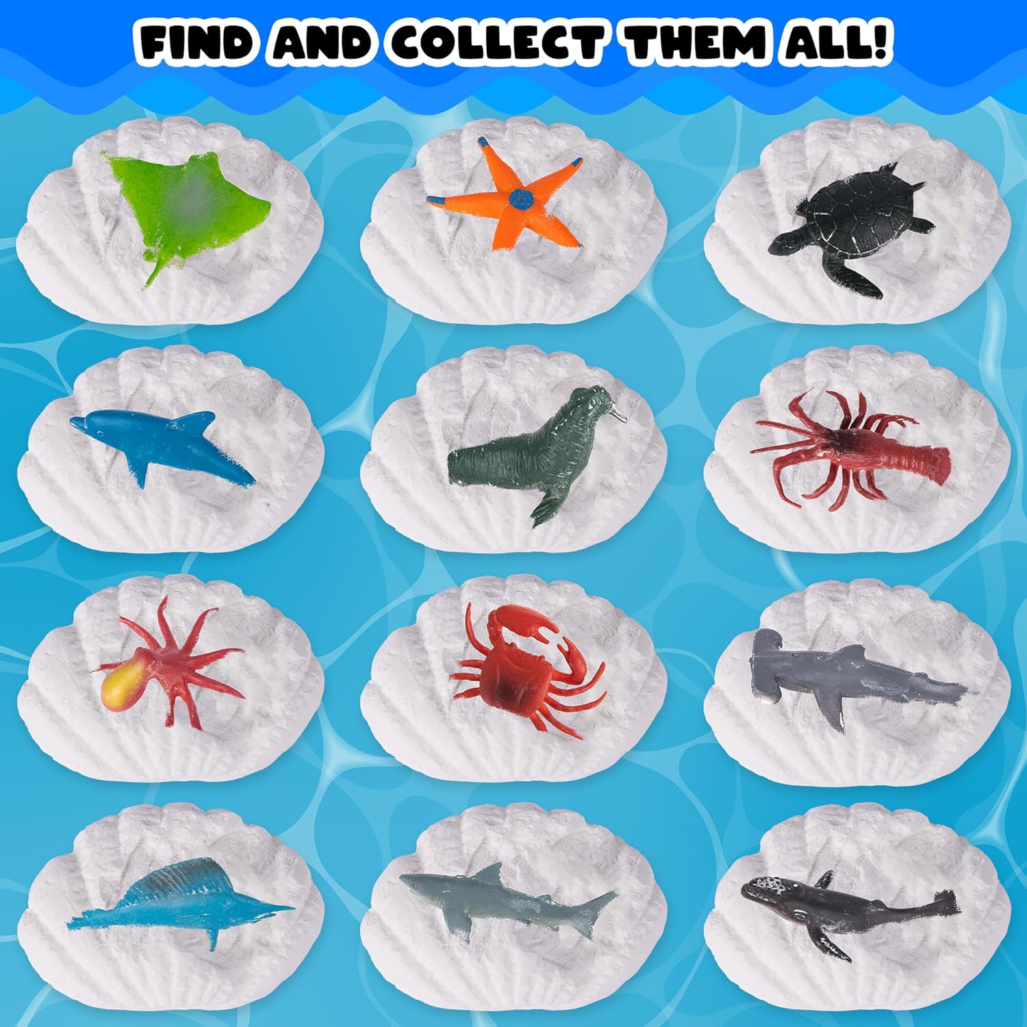 Ocean Animals Toys Excavation Kit - 12 Seashells and 12 Excavation Tools - Includes 12 Different Sea Animal Toys