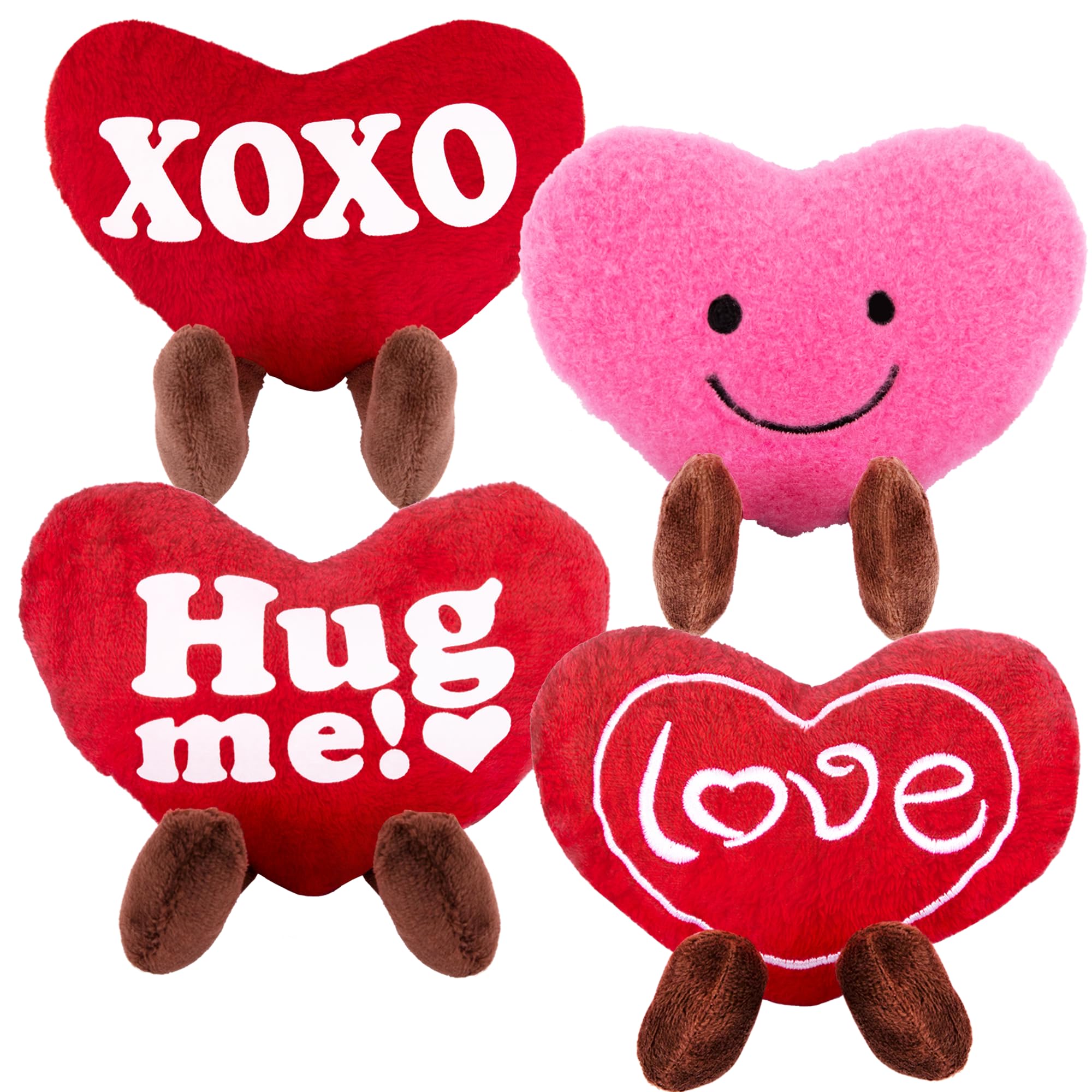 Set of 4 Small Valentines Plush Hearts - Cute Love Heart Plush Toys in Assorted Designs - Stuffed Love Heart Toy Set