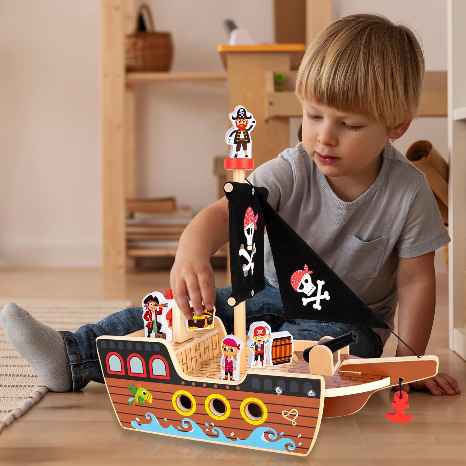 Wooden Pirate Ship Toy Set for Kids - Pirate Play Set with Wood Ship, Cannon, Barrel, Treasure Chest, Bench, 4 Pirates