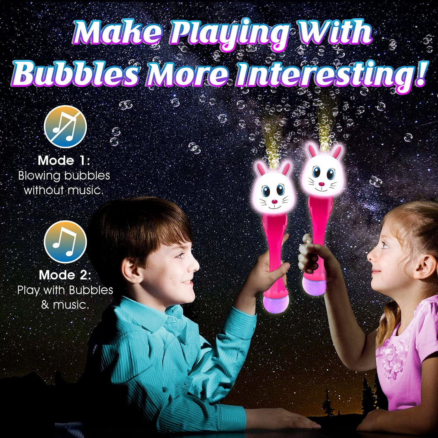 Light Up Bunny Easter Bubble Wands - Set of 2 Bunny Bubble Wands - 14 Inch Illuminating Blower with Thrilling LED & Sound Effect