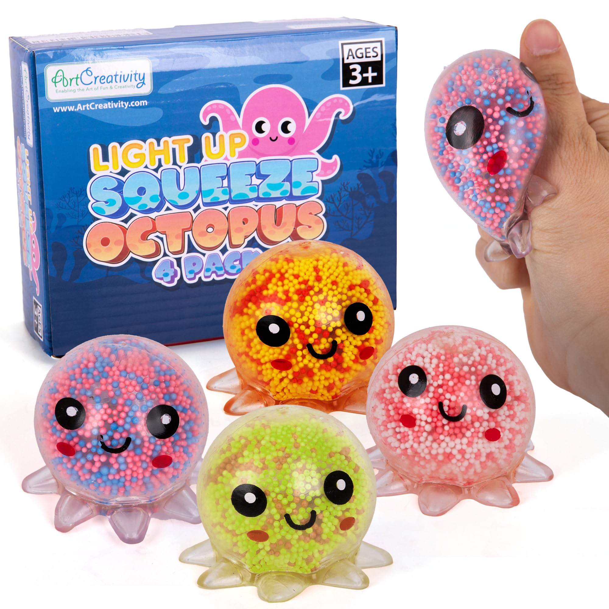Light Up Squishy Octopus Toys, Set of 4 Squishes, Bulk Stress Toys for Kids and Adults,  4 Colors