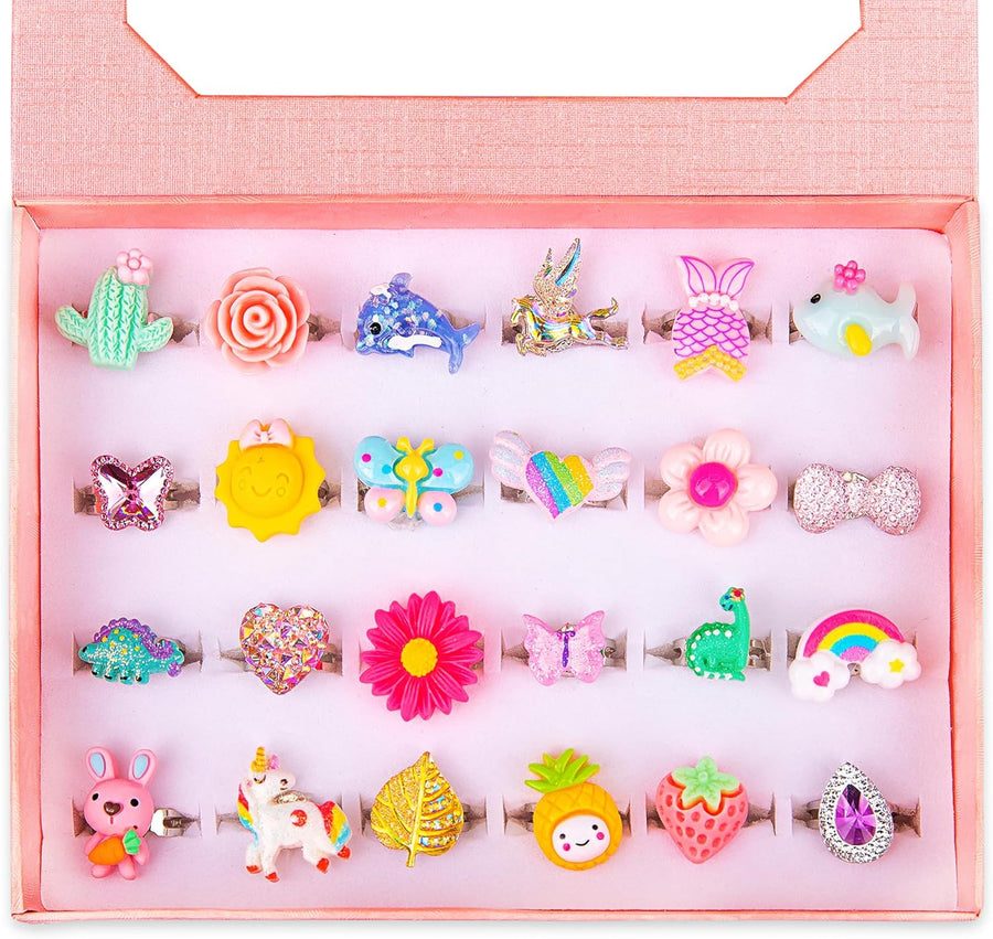 Little Girls Jewelry Rings in Gift Box, Set of 24 Cute Rings, Lovely Rings for Little Girls