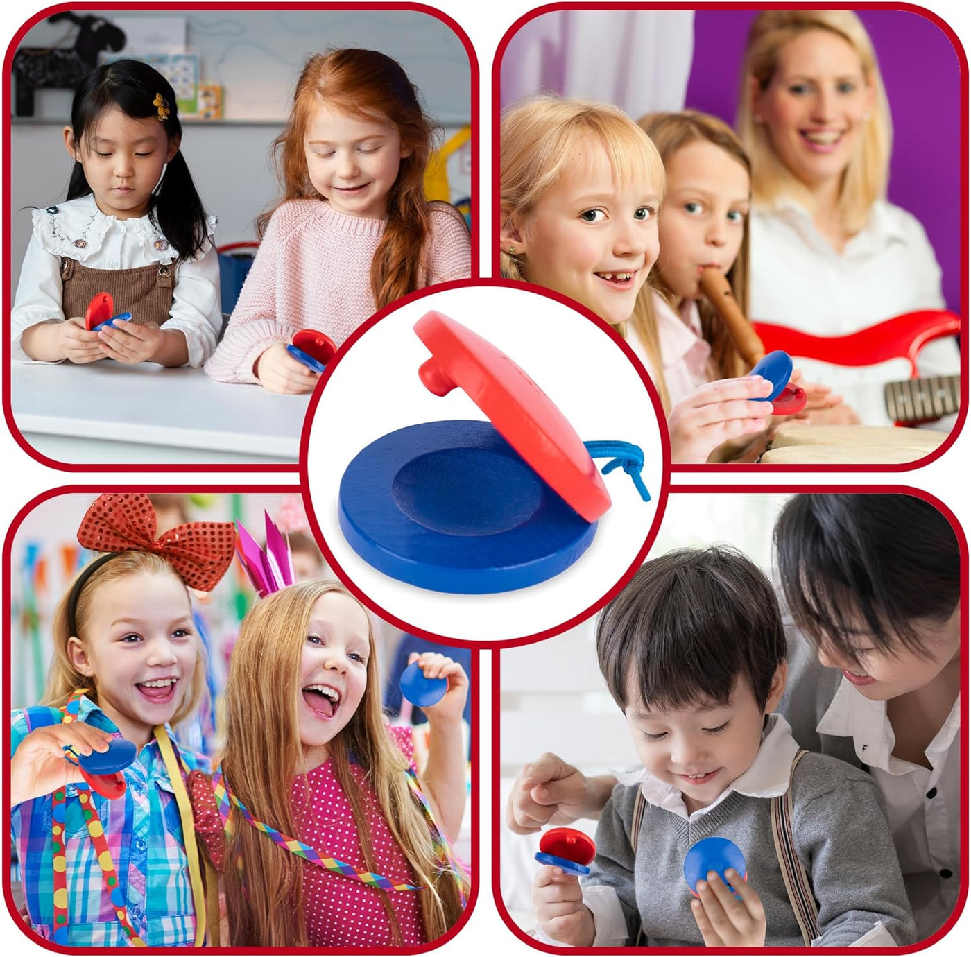 Wooden Finger Castanets for Kids - Set of 8 - Music Toys for Kids with Stretchy String for Easy Holding