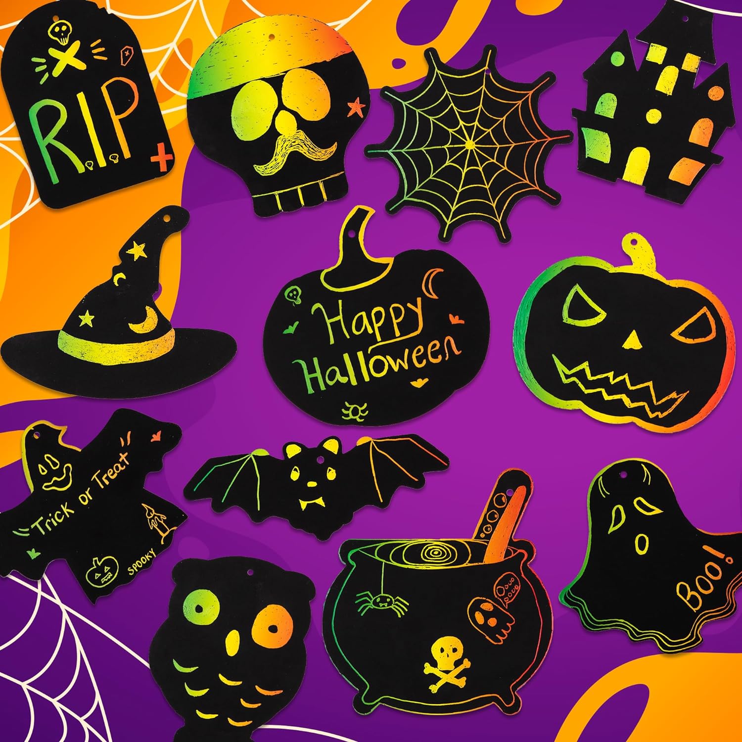 Halloween Scratch Art for Kids - 60 Sets of Scratch Paper - Halloween Crafts (Bulk) with 60 Designs, 60 Sticks, & 60 Pieces of Red String