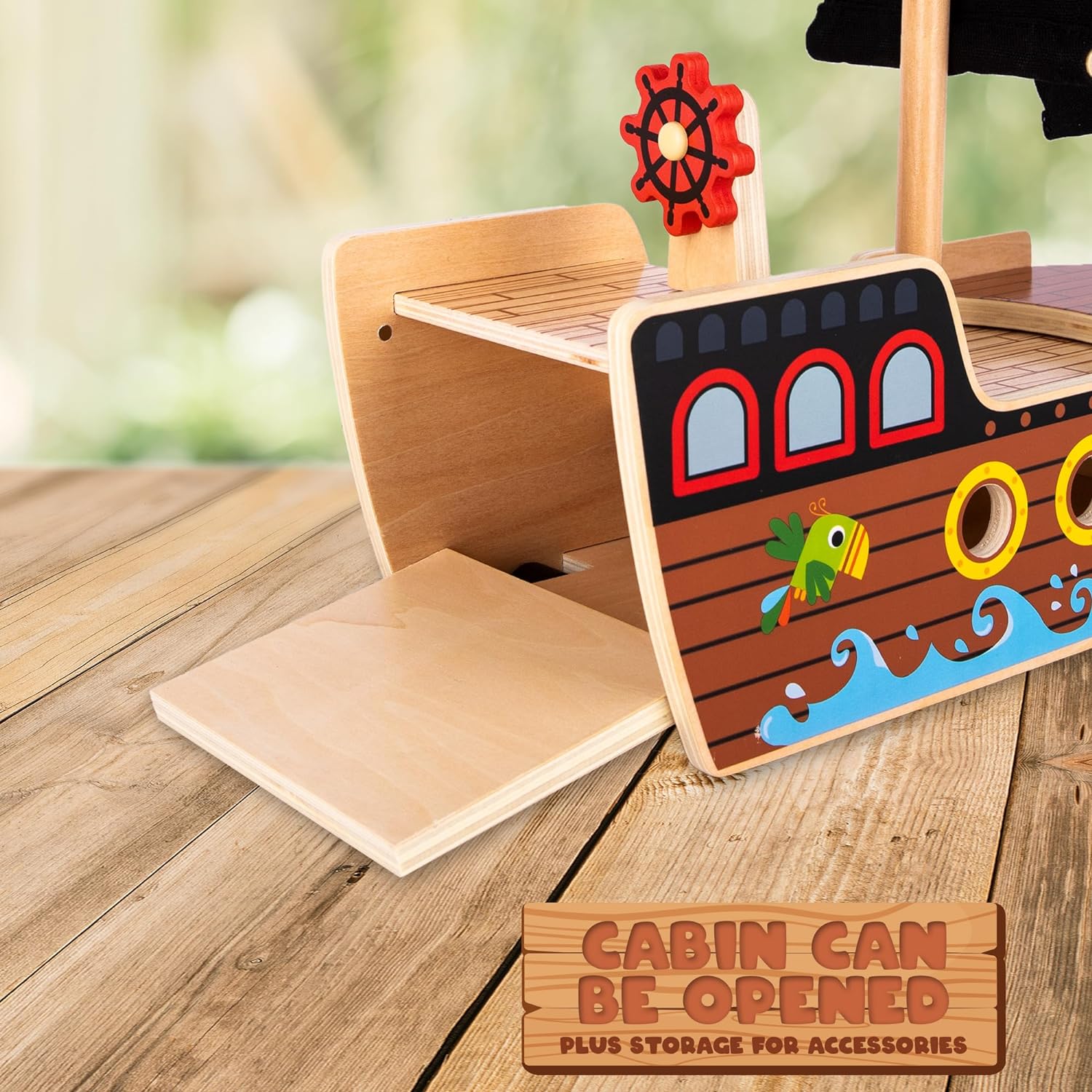 Wooden Pirate Ship Toy Set for Kids - Pirate Play Set with Wood Ship, Cannon, Barrel, Treasure Chest, Bench, 4 Pirates