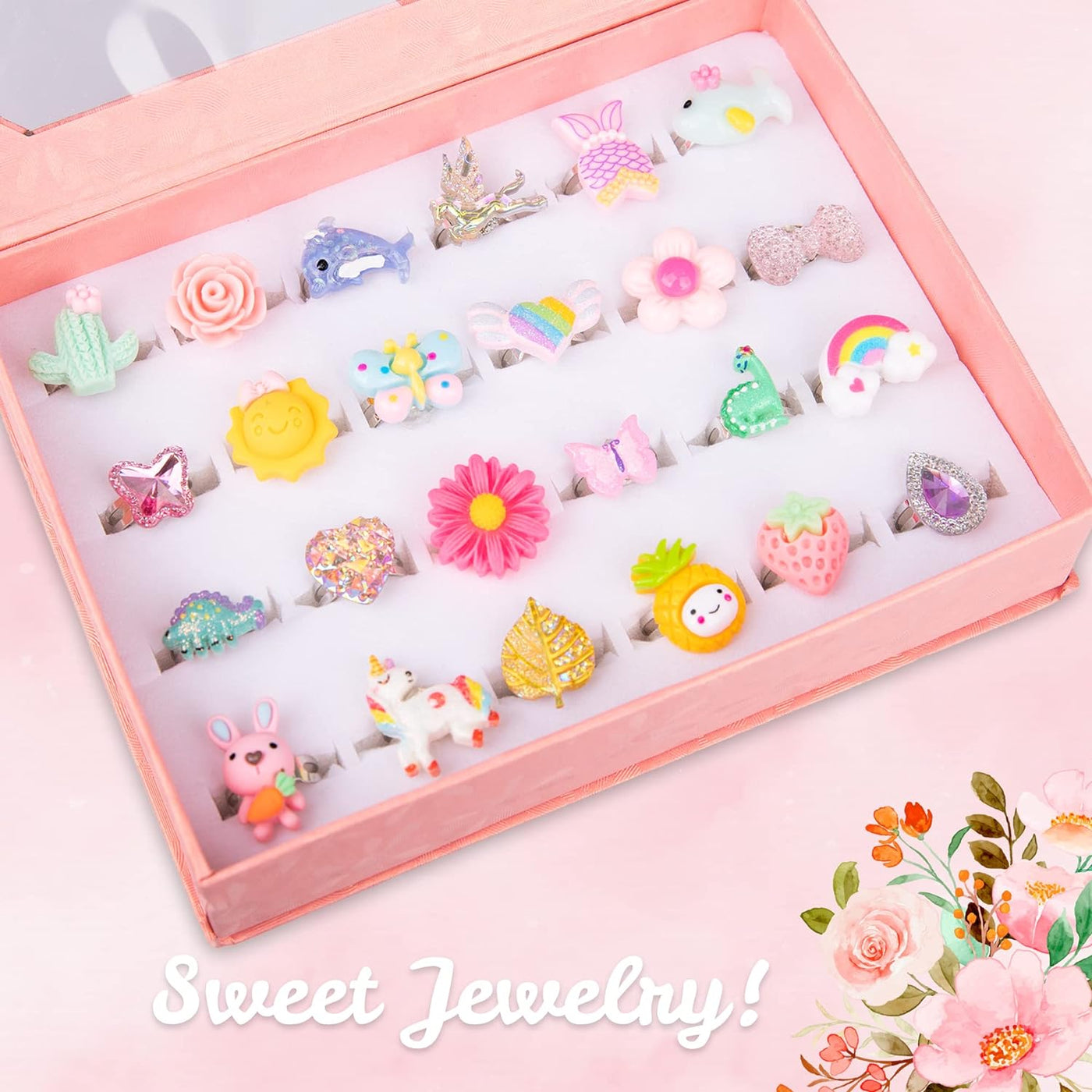 Little Girls Jewelry Rings in Gift Box, Set of 24 Cute Rings, Lovely Rings for Little Girls