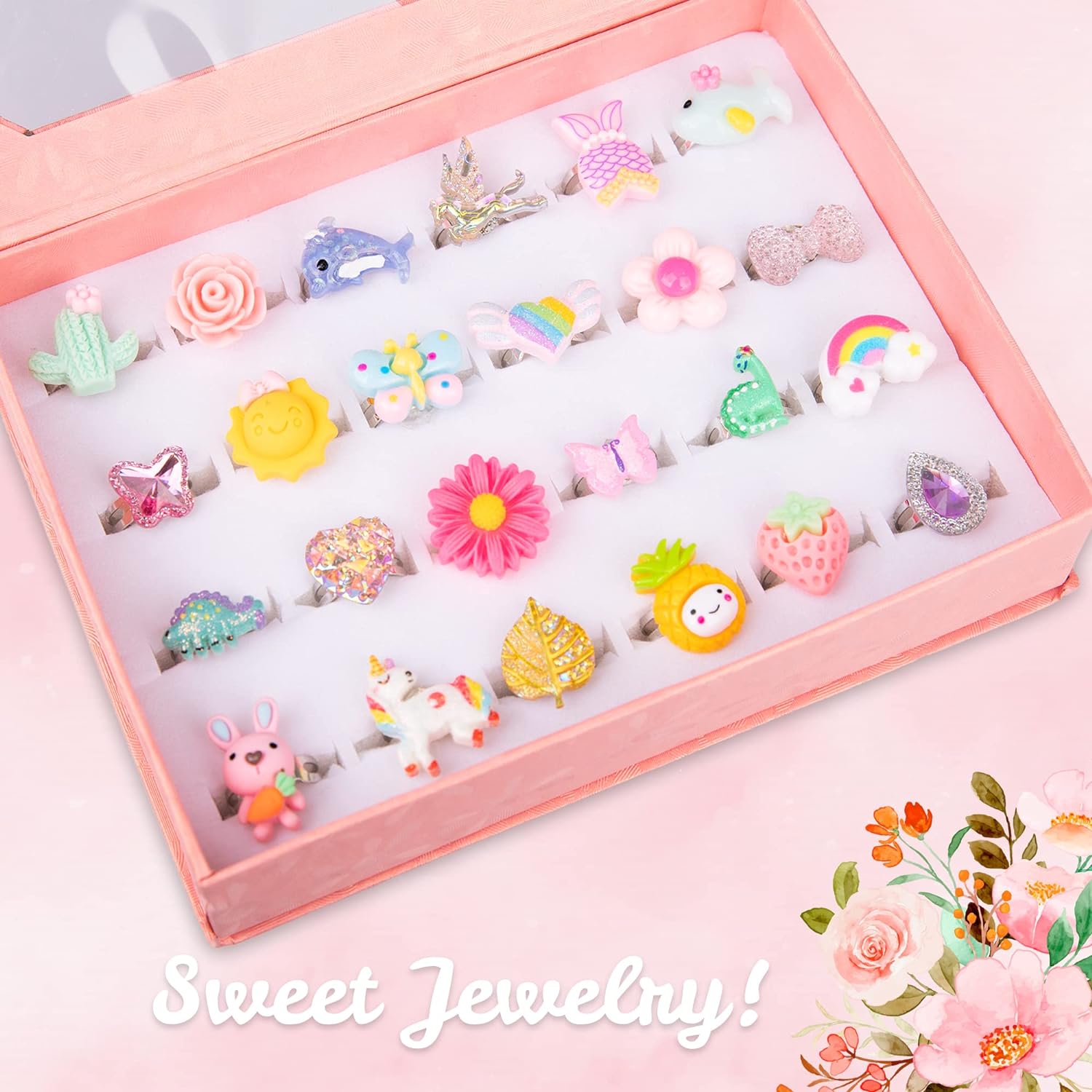 Little Girls Jewelry Rings in Gift Box, Set of 24 Cute Rings, Lovely Rings for Little Girls