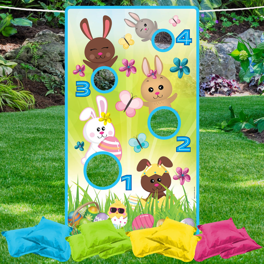 Easter Bean Bag Toss Game - Complete Set with Large Easter Banner, 12 Bean Bags, and Hanging String - Ages 3 Plus